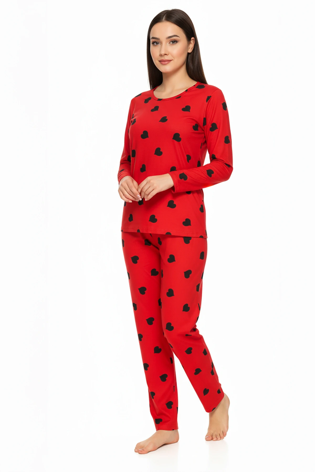 Bisiklet Yaka Süet Kırmızı Pijama Takımı 6010 Siyah Kalpli