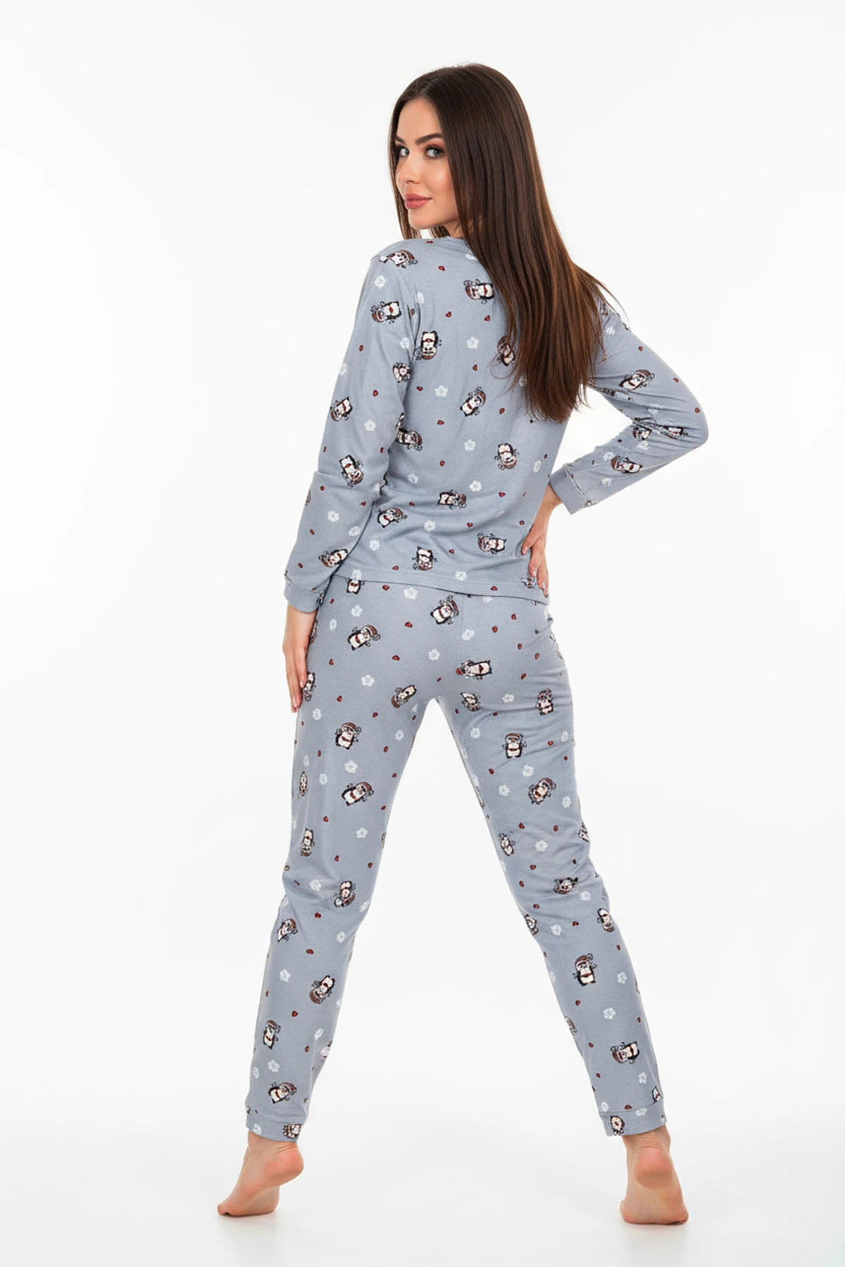 Bisiklet Yaka Süet Pijama Takımı 6009 Penguen Mavi