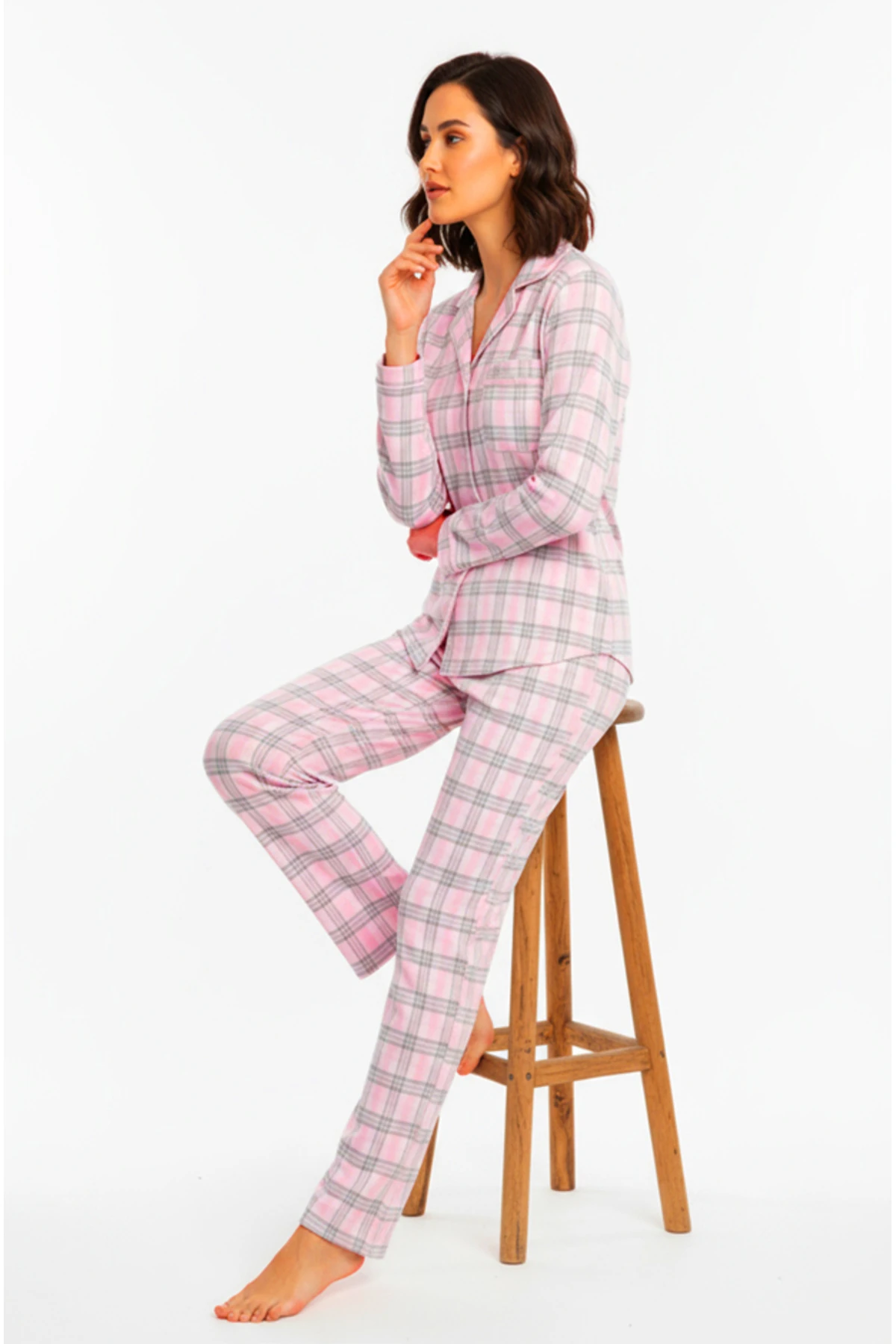 Luxury Viscose Pembe Ekose Desenli Kadın Uzun Kollu Büyük Beden Pijama Takımı – 42531