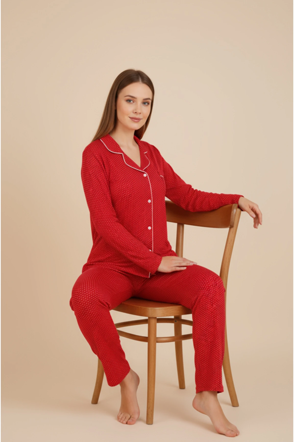 Luxury Viscose Kırmızı Puantiye Desenli Kadın Uzun Kollu Büyük Beden Pijama Takımı – 42517