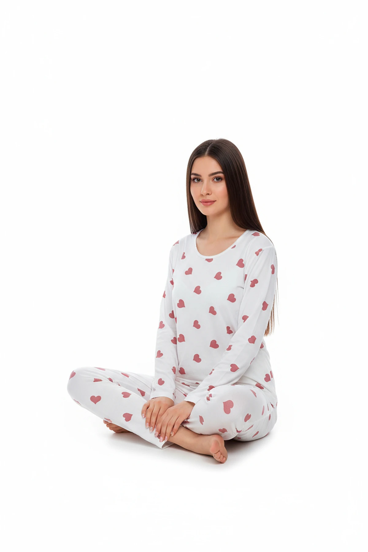 Bisiklet Yaka Süet Pijama Takımı 6004 Kırmızı Kalp