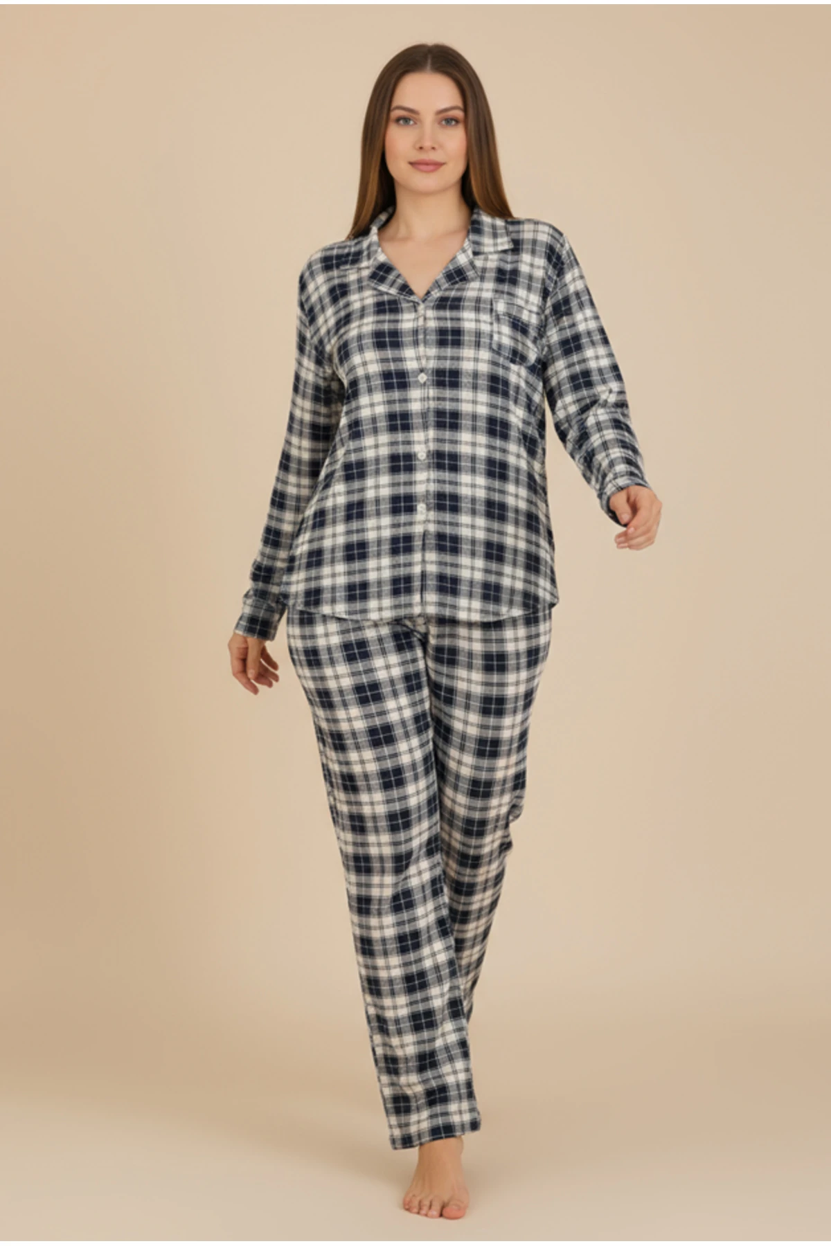 Luxury Viscose Lacivert Ekose Desenli Kadın Uzun Kollu Büyük Beden Pijama Takımı – 42527