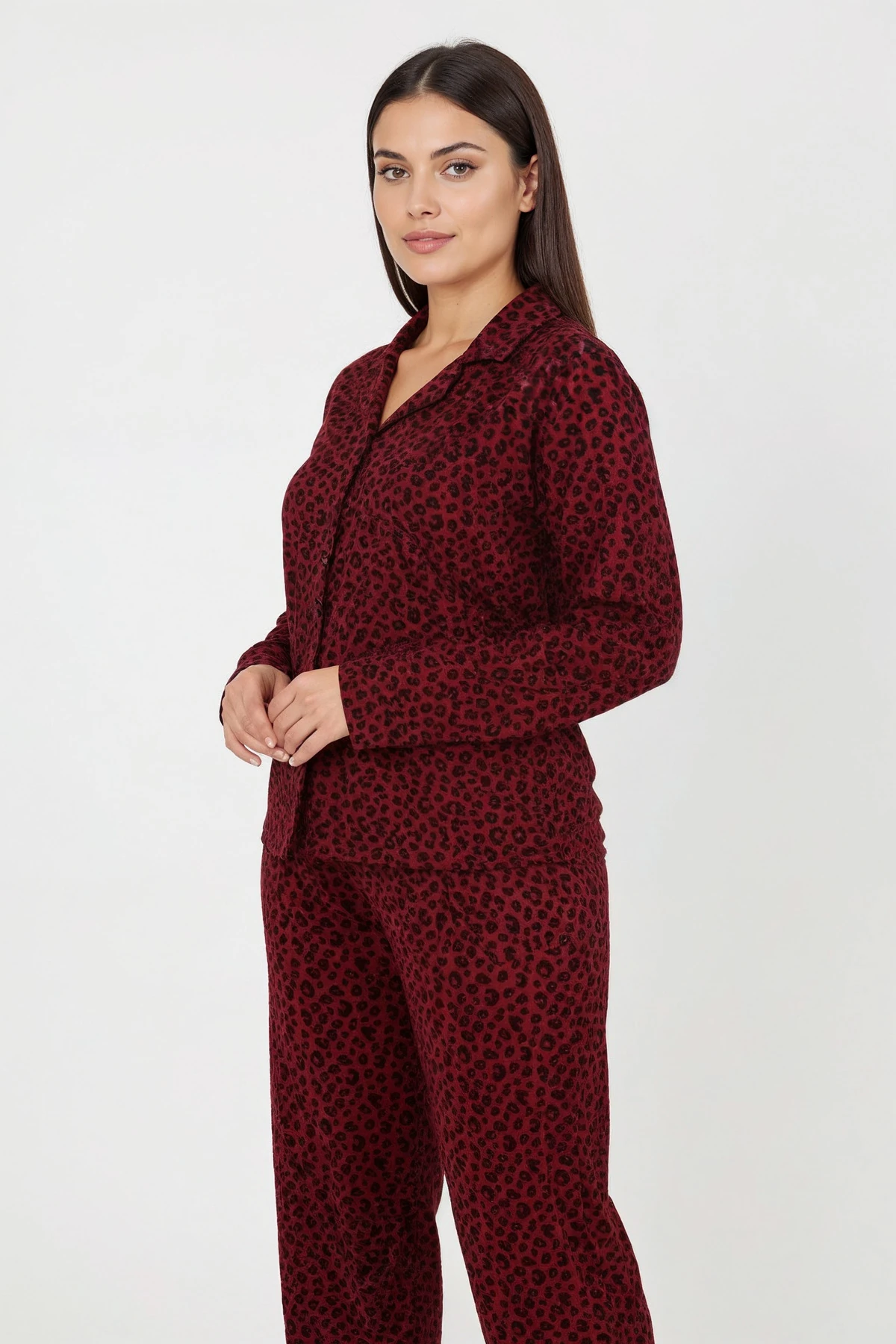 Luxury Soft Bordo Leopar Desenli Uzun Kollu Kadın Pijama Takımı – Büyük Beden 3002