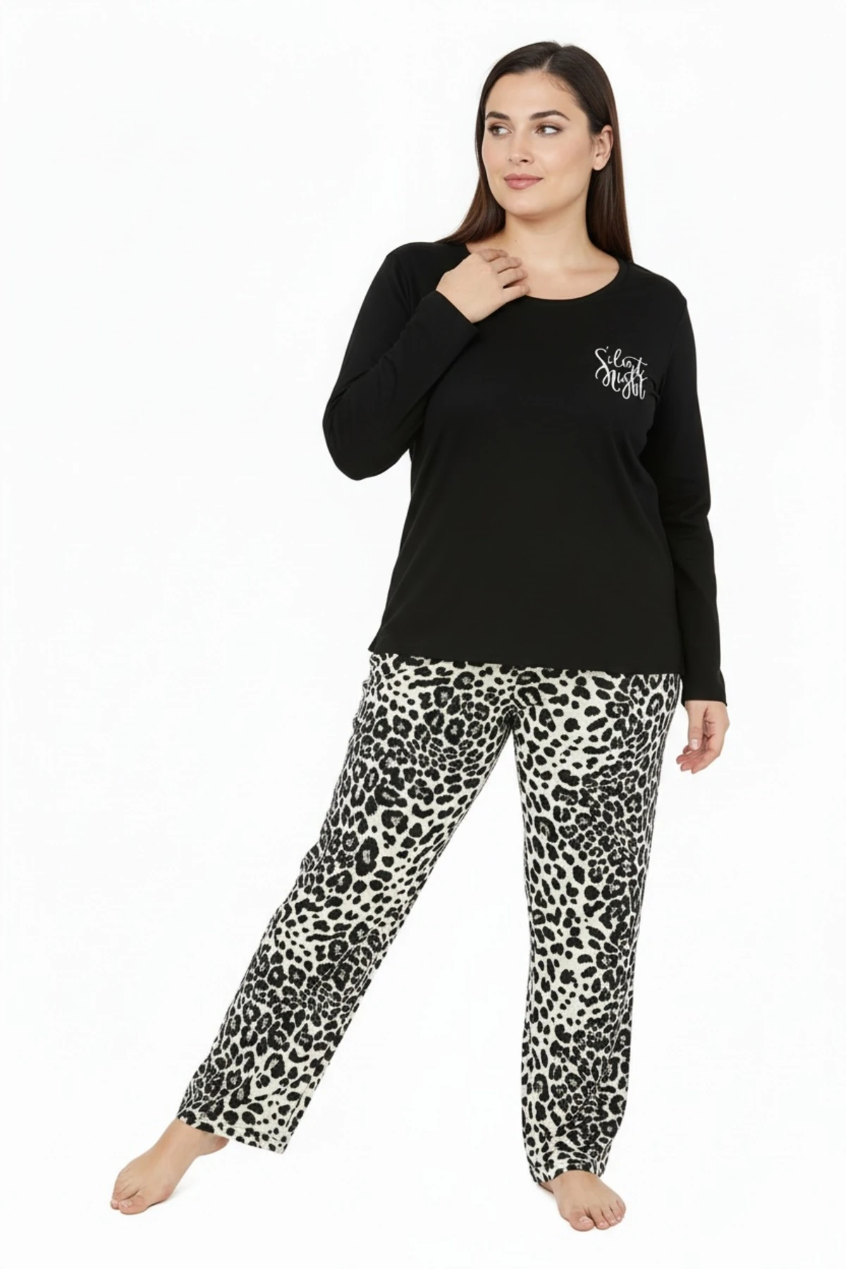 Üstü Yazılı Altı Leopar Desenli Elite Viscose Uzun Büyük Beden Pijama Takımı Siyah 3588