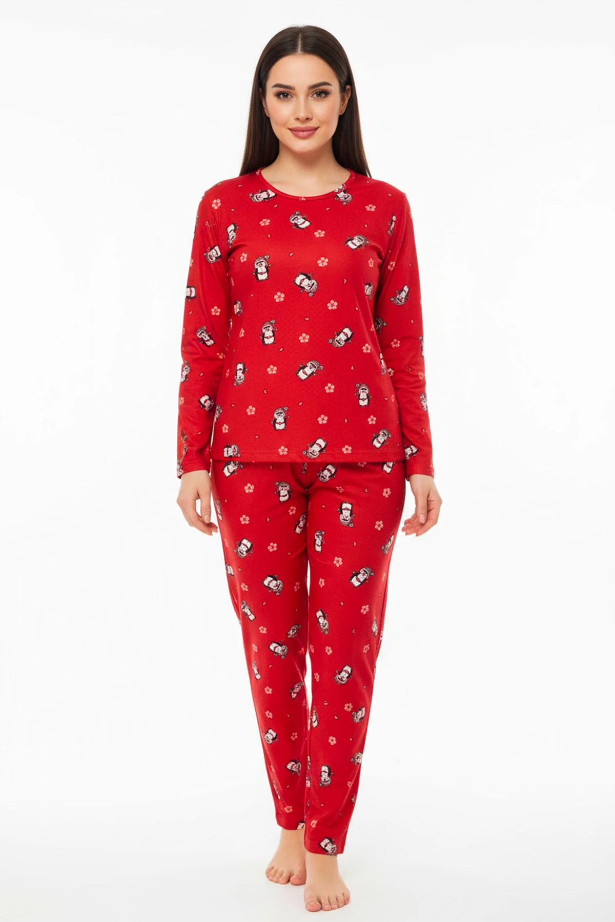 Bisiklet Yaka Süet Pijama Takımı 6005 Penguen Kırmızı