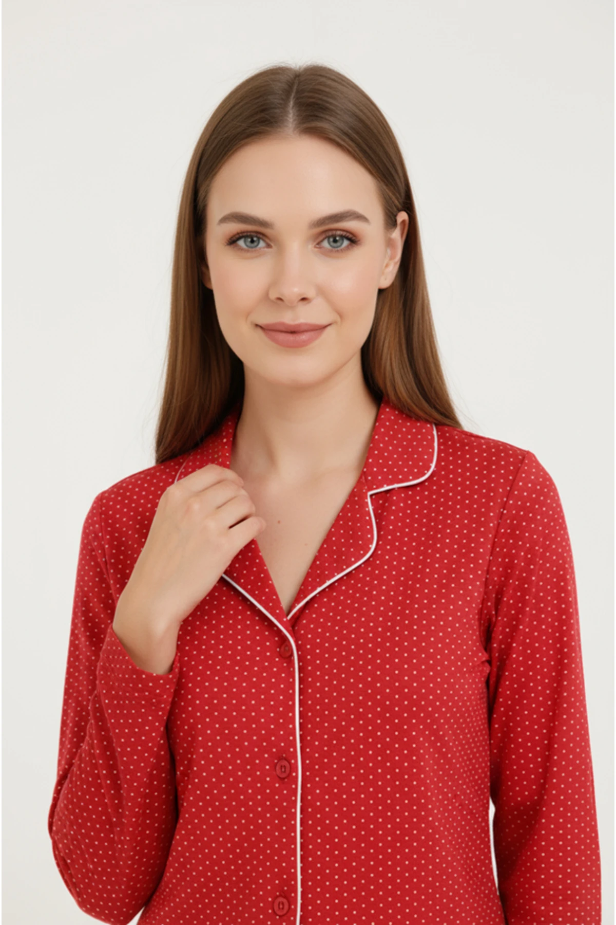 Luxury Viscose Kırmızı Puantiye Desenli Kadın Uzun Kollu Büyük Beden Pijama Takımı – 42517