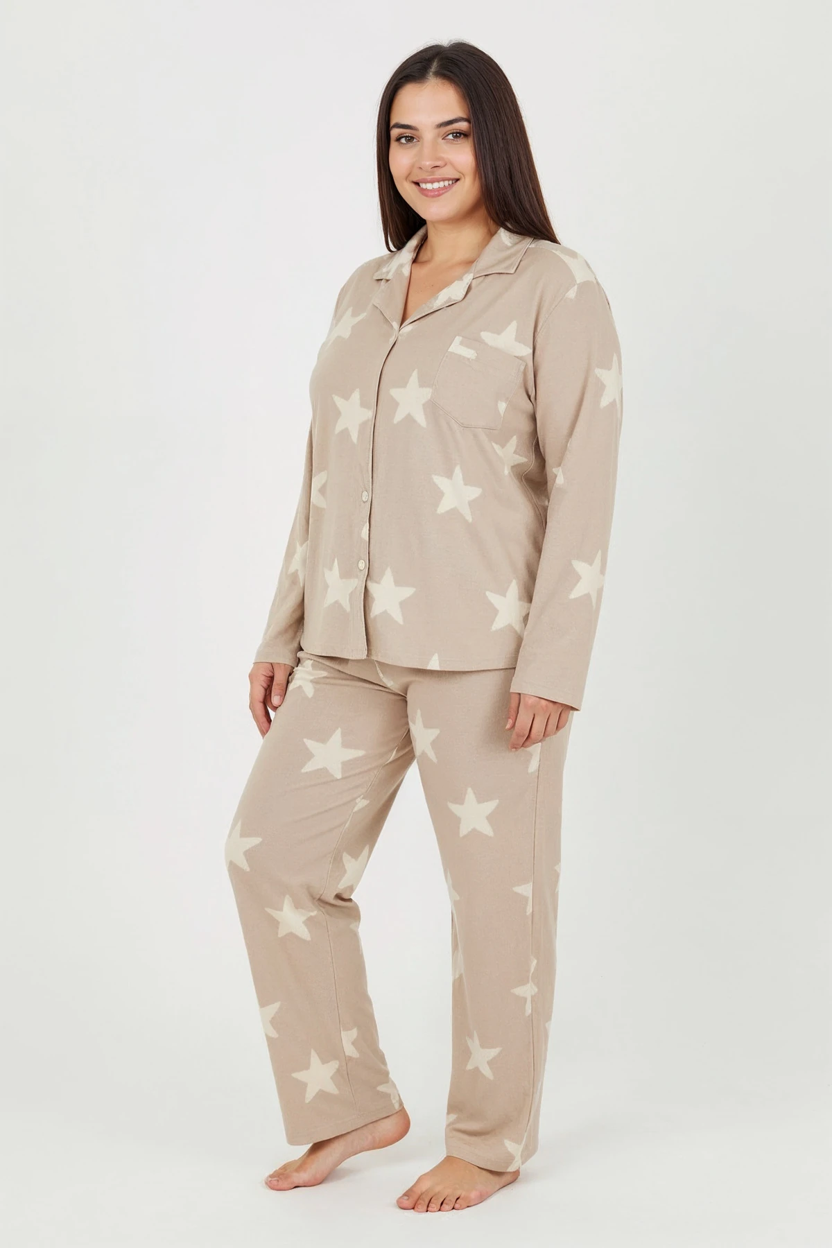 Luxury Soft Bej Yıldız Desenli Uzun Kollu Kadın Pijama Takımı – Büyük Beden 3011