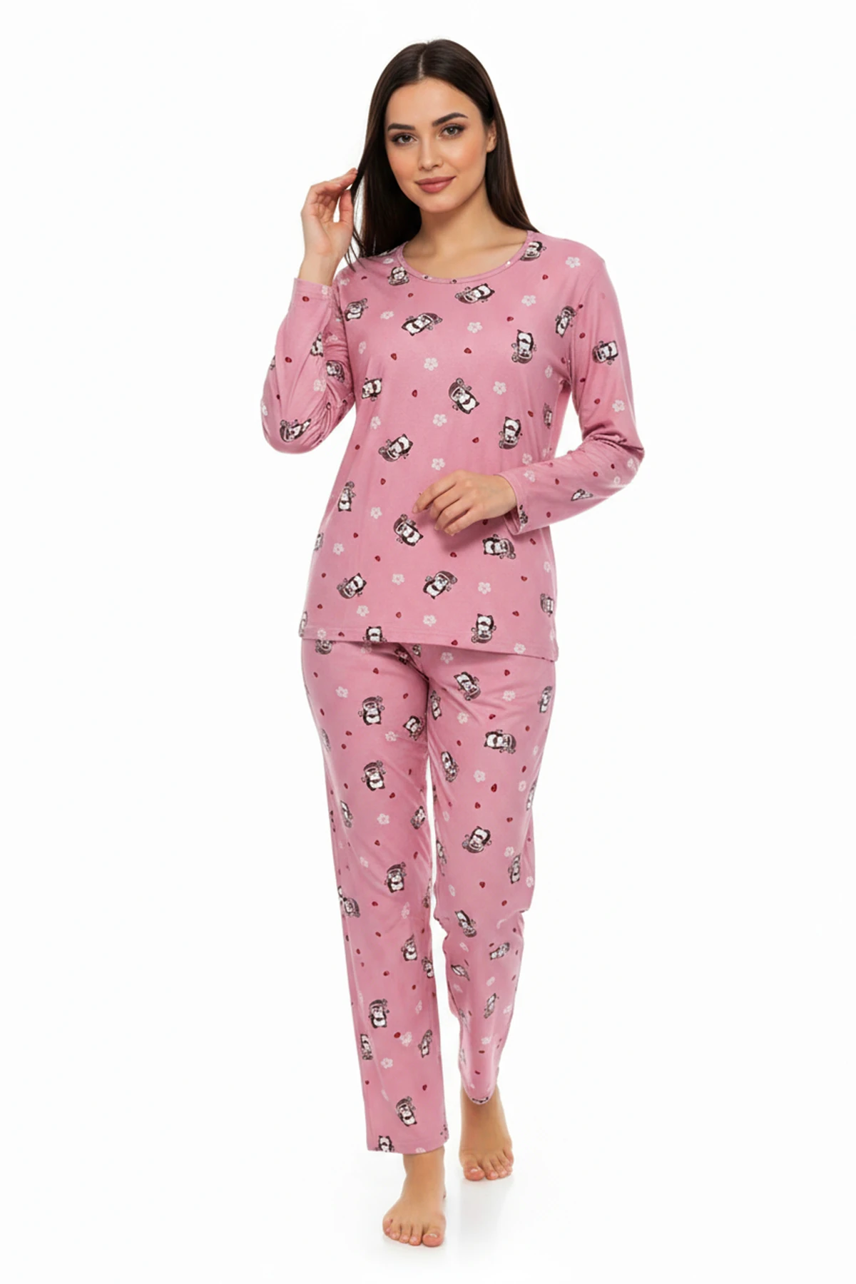 Bisiklet Yaka Süet Pijama Takımı 6008 Penguen Pembe
