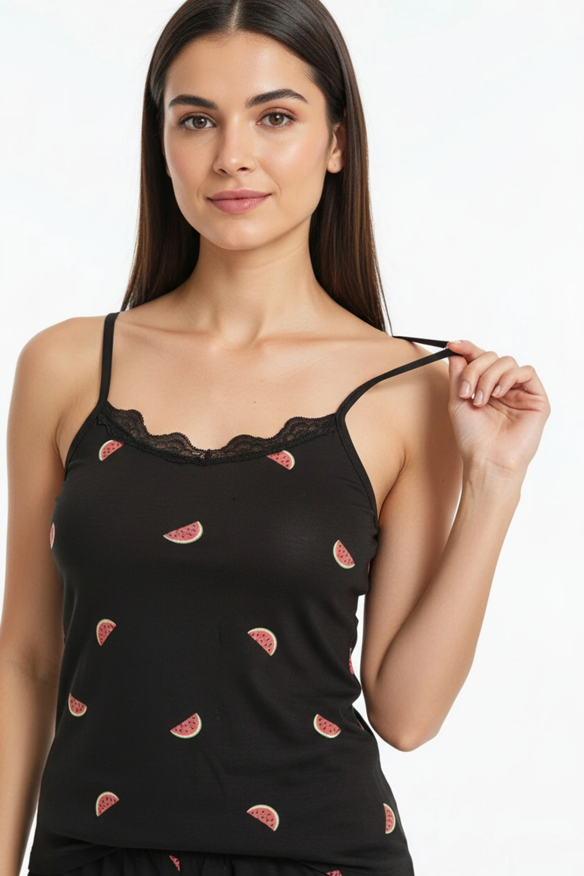 Kadın Karpuz Desenli Yumuşak Dokulu Penye İp Askılı Şortlu Pijama Takımı