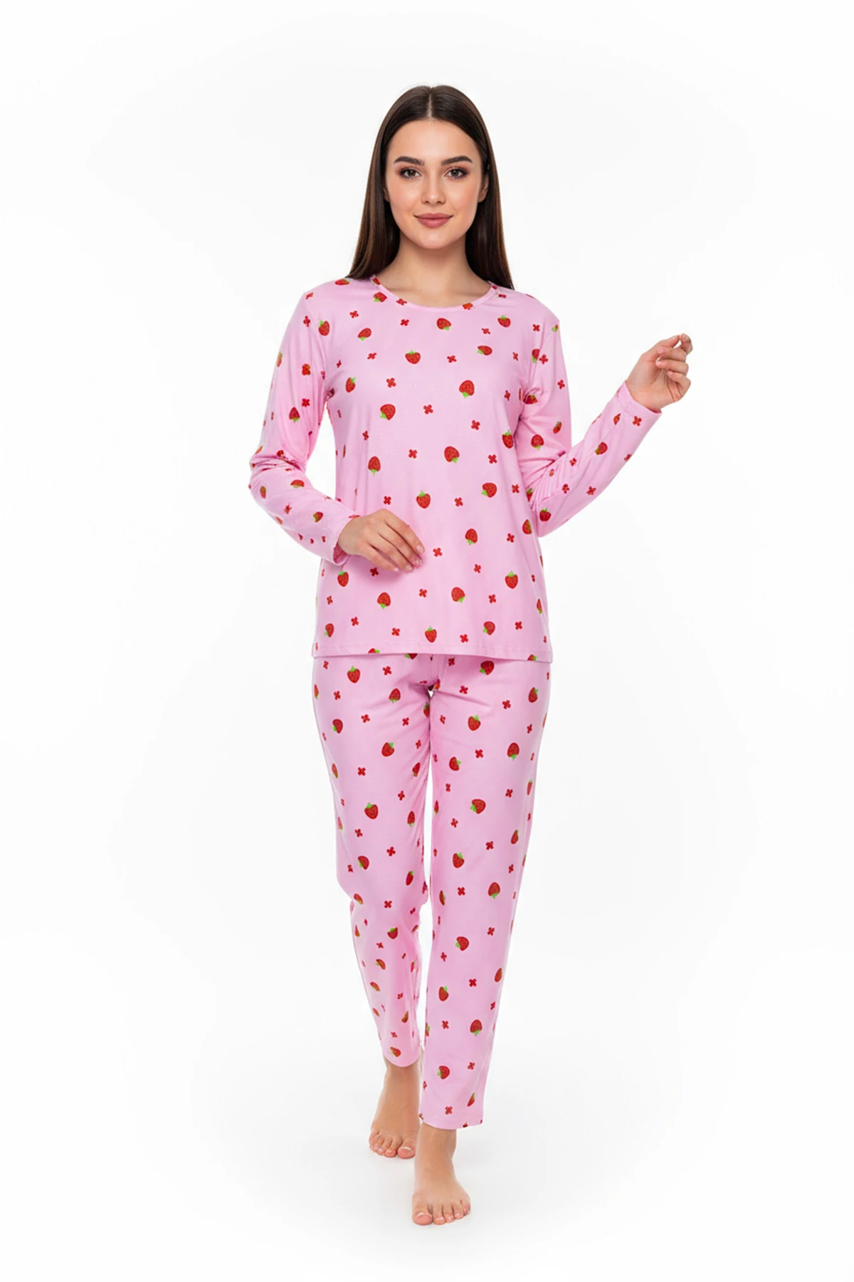 Bisiklet Yaka Süet Pijama Takımı 6001 Çilekli