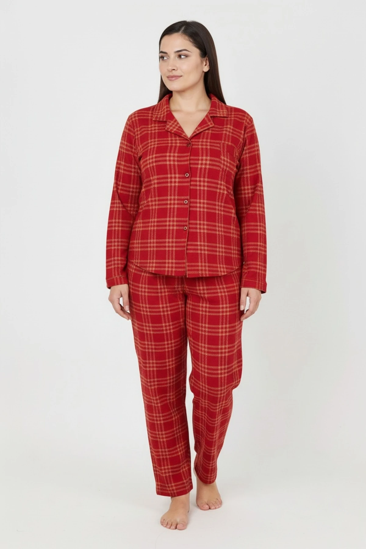 Luxury Soft Kırmızı Ekose Desenli Uzun Kollu Kadın Pijama Takımı – Büyük Beden 3018