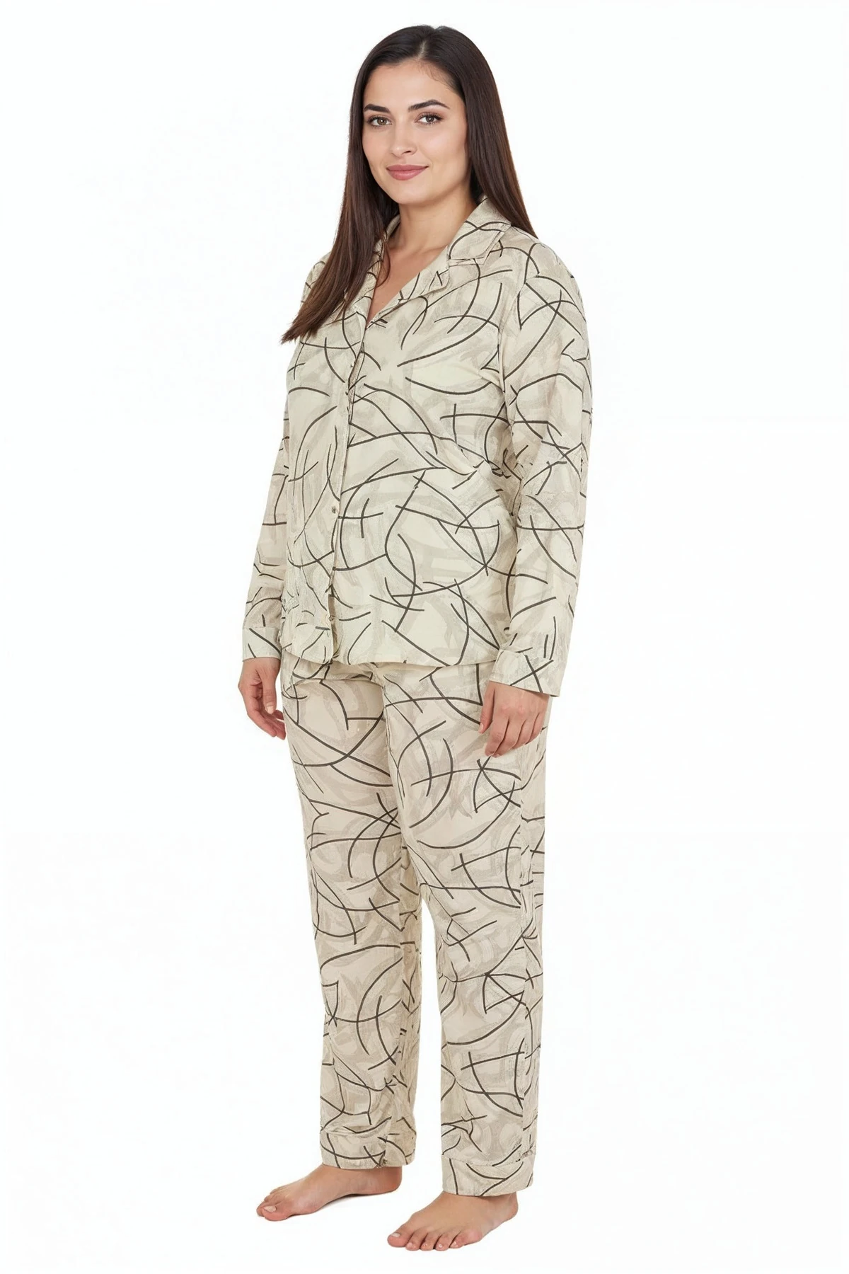Luxury Soft Ekru Çizgi Desenli Uzun Kollu Kadın Pijama Takımı – Büyük Beden 3015