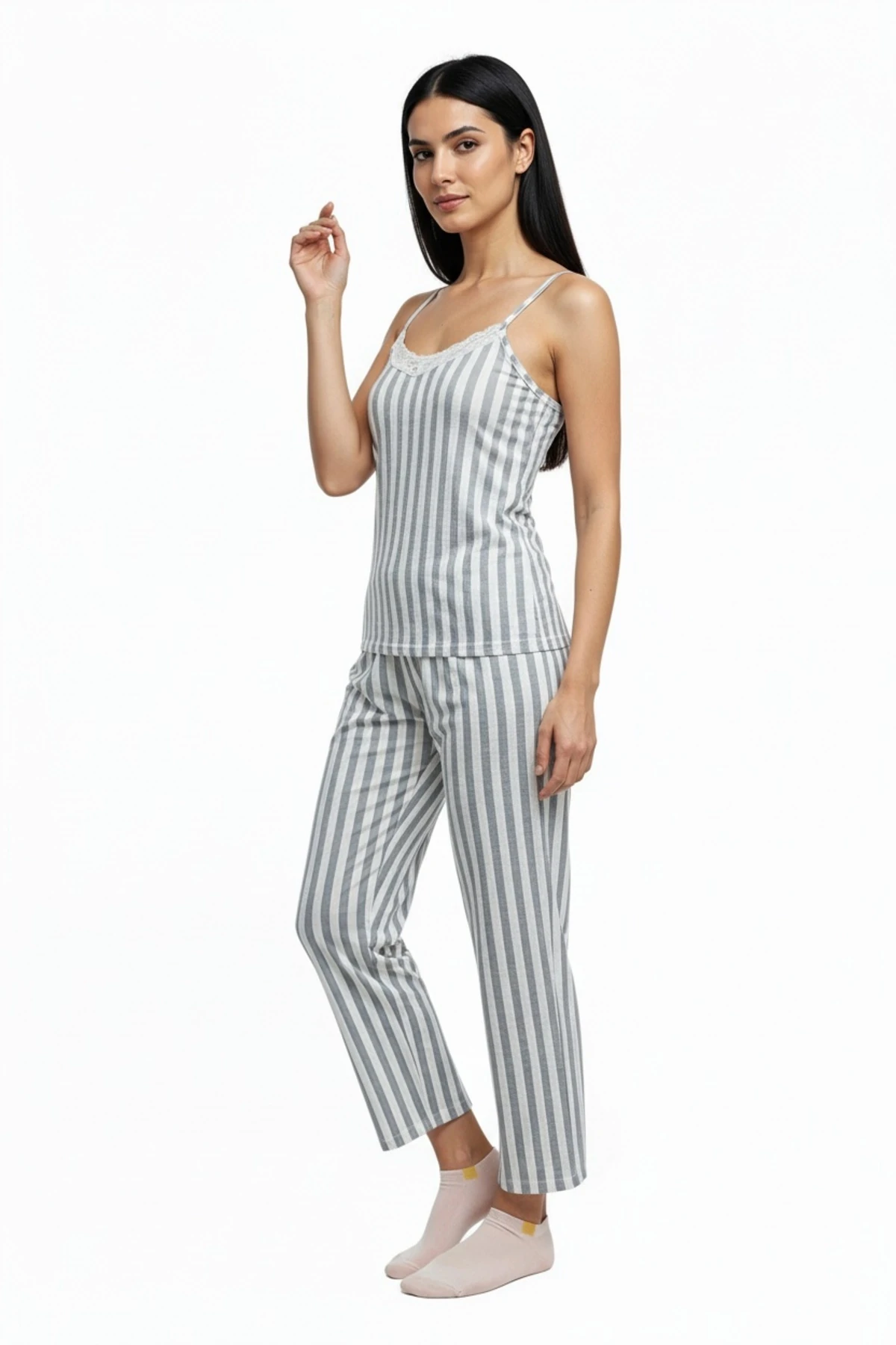 Kadın Rahat Ev & Uyku Pijama Takımı Gri Çizgili Desen