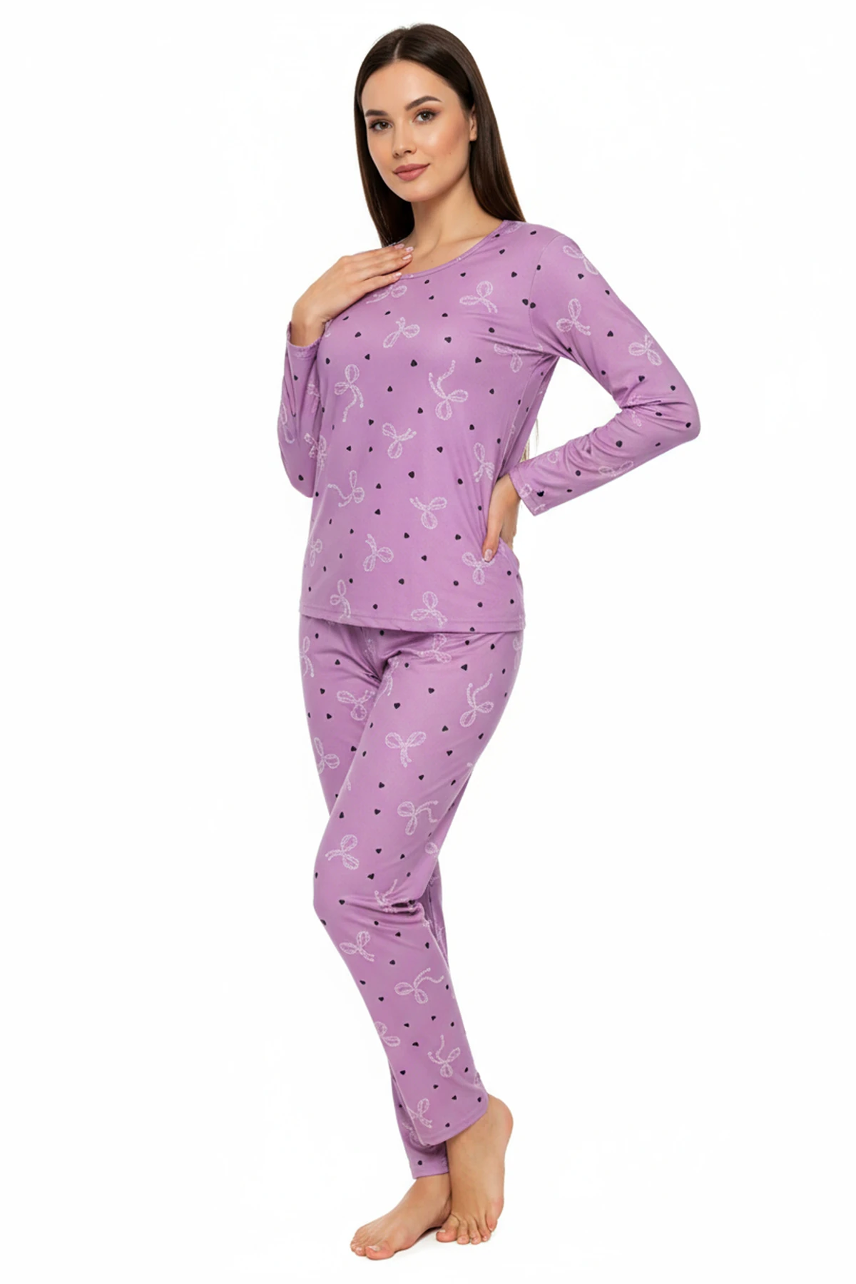Bisiklet Yaka Süet Pijama Takımı 6007 Lila