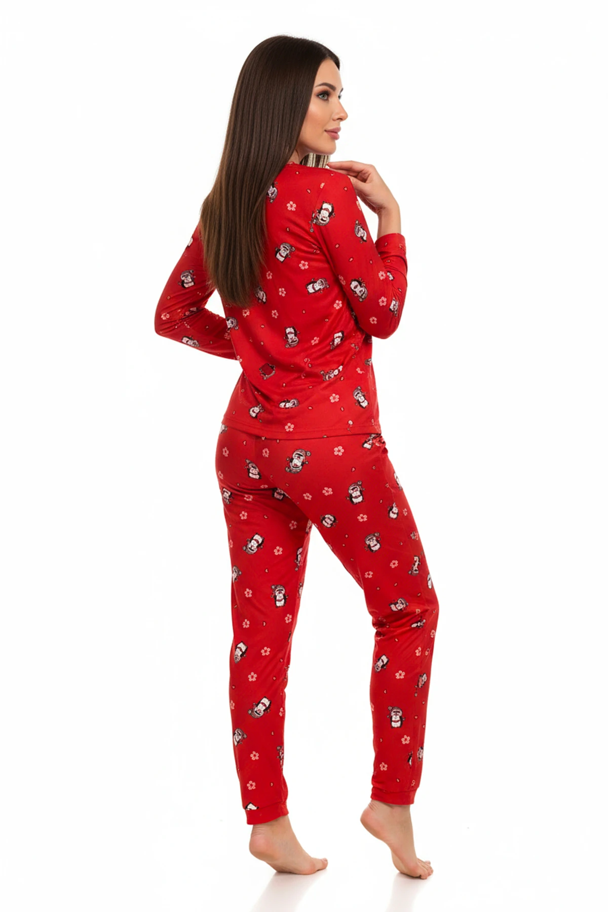 Bisiklet Yaka Süet Pijama Takımı 6005 Penguen Kırmızı