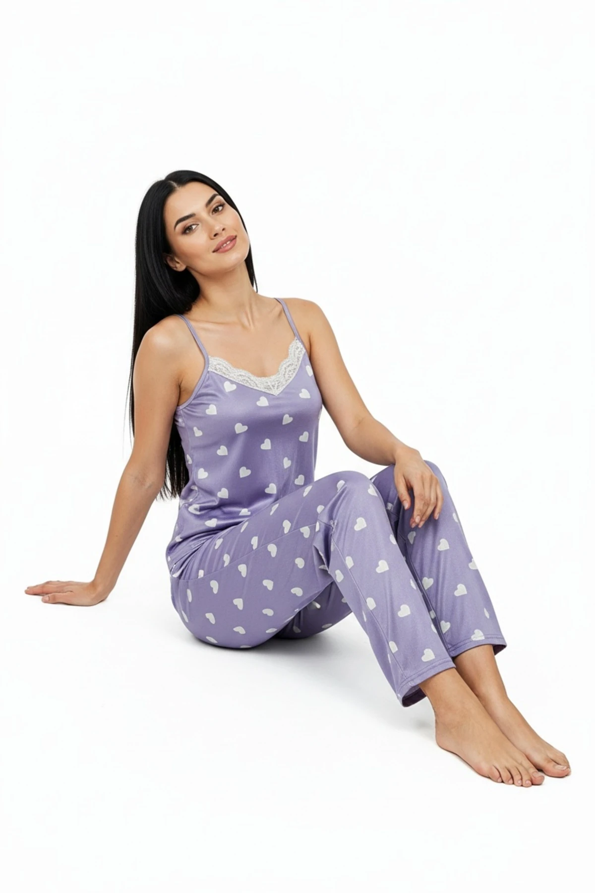 Altı Uzun İp Askılı Yumuşak Kalp Desenli Mor Pijama Takımı