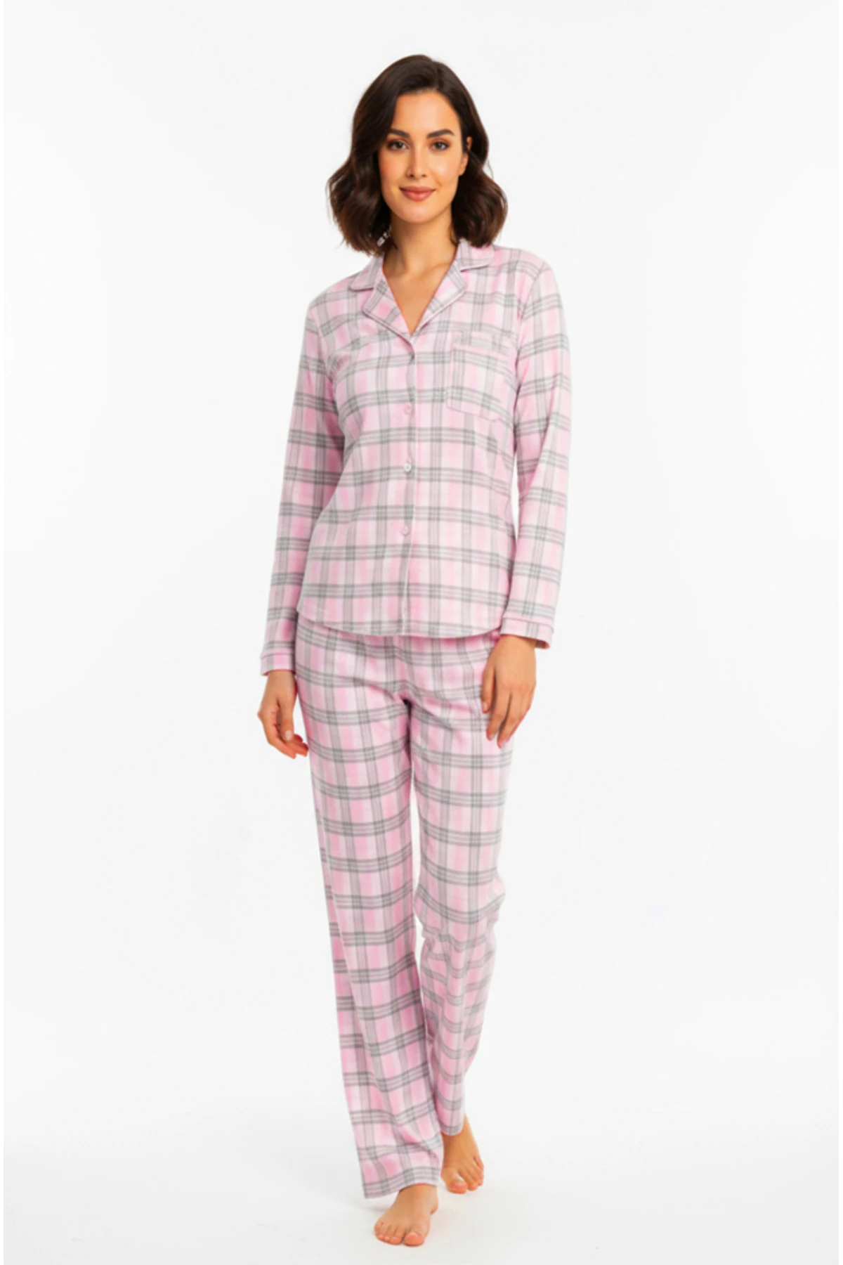 Luxury Viscose Pembe Ekose Desenli Kadın Uzun Kollu Büyük Beden Pijama Takımı – 42531