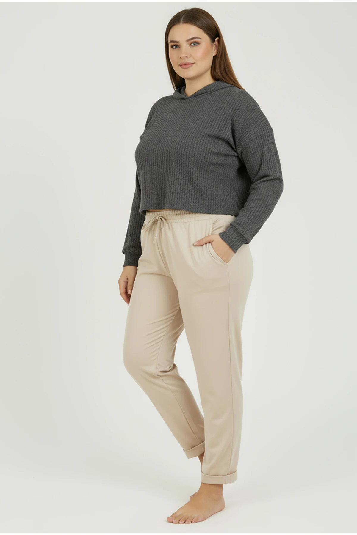 Duble Paça Büyük Beden Eşofman Altı Bej 2020