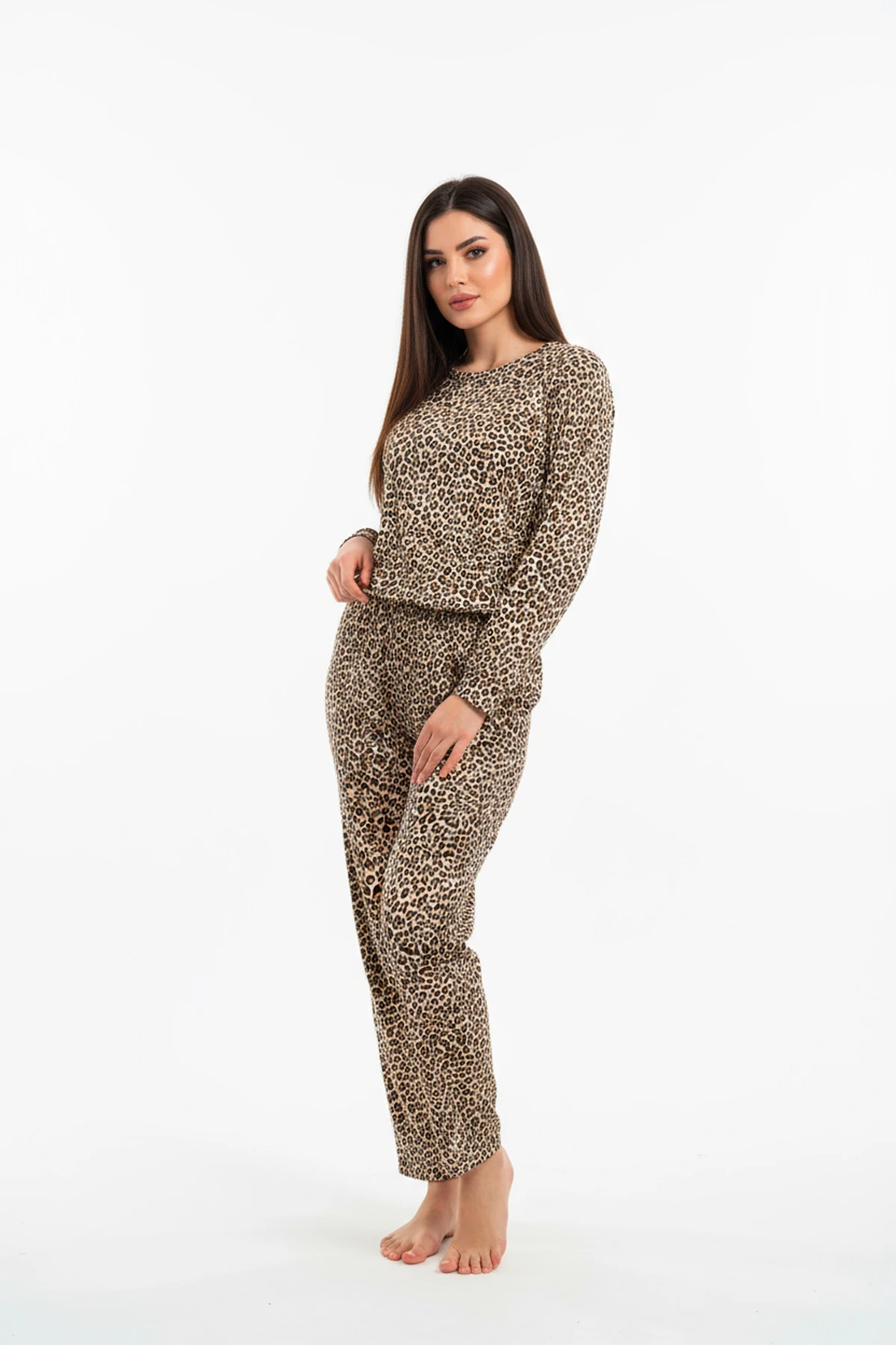 Bisiklet Yaka Süet Pijama Takımı 6006 Leopar