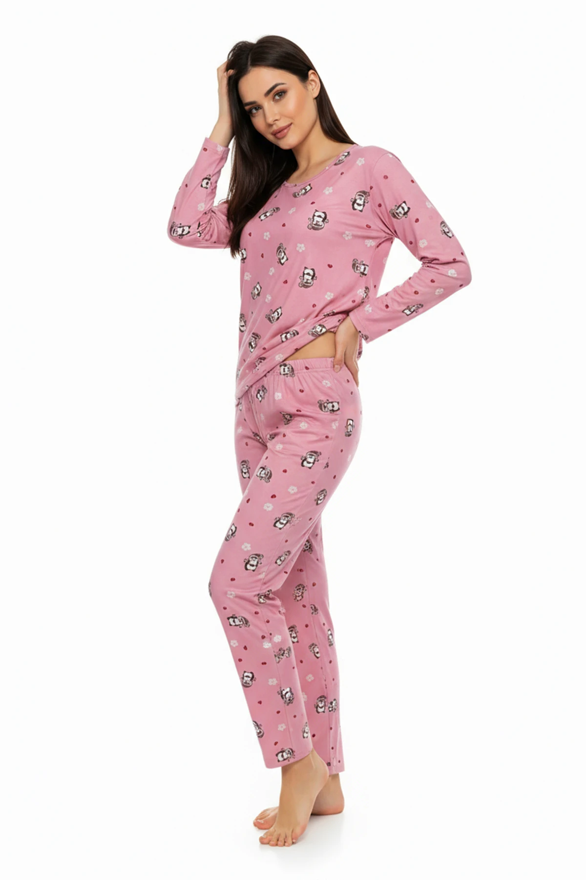 Bisiklet Yaka Süet Pijama Takımı 6008 Penguen Pembe