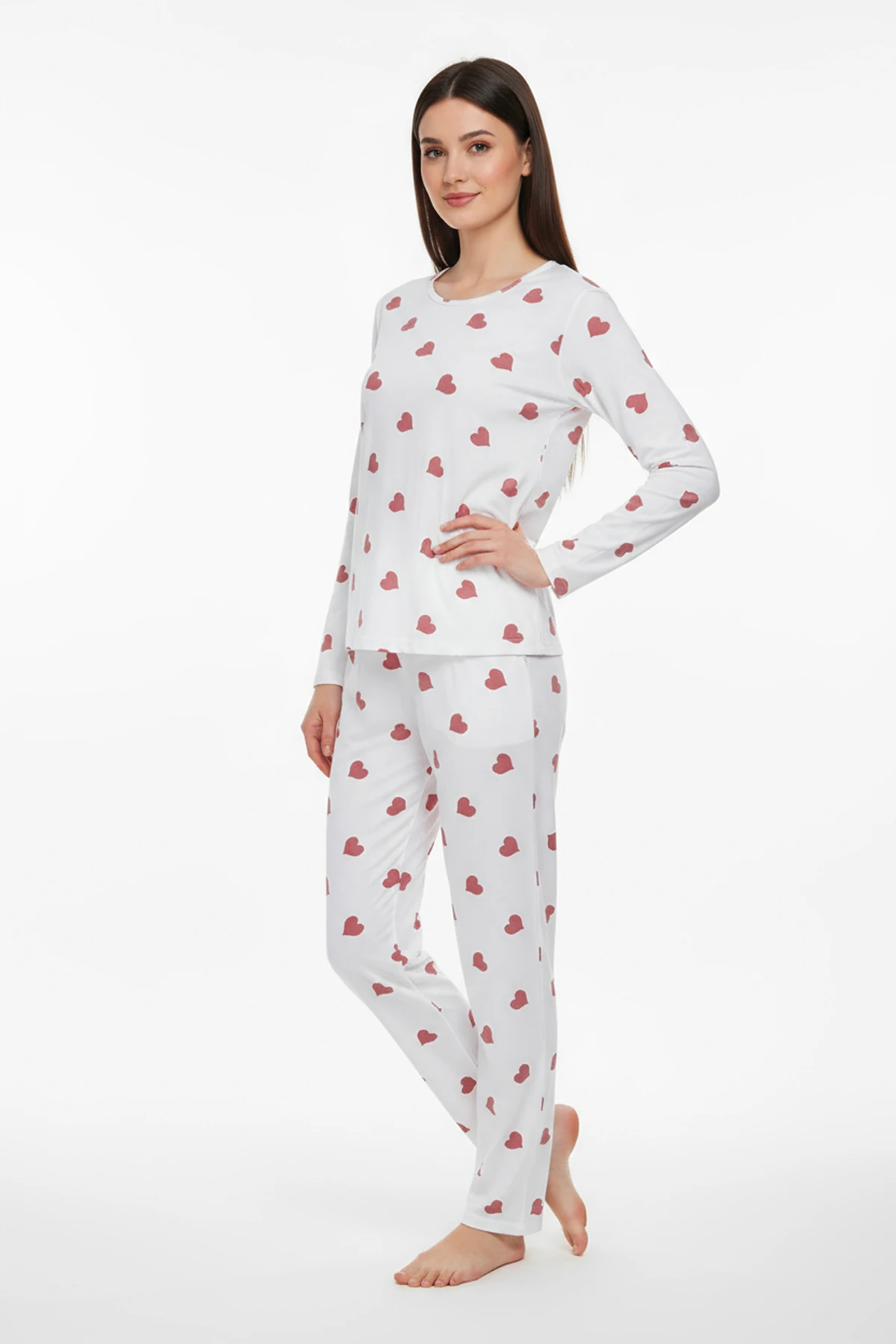 Bisiklet Yaka Süet Pijama Takımı 6004 Kırmızı Kalp