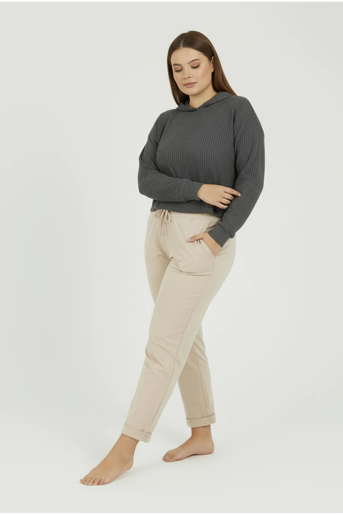 Duble Paça Büyük Beden Eşofman Altı Bej 2020