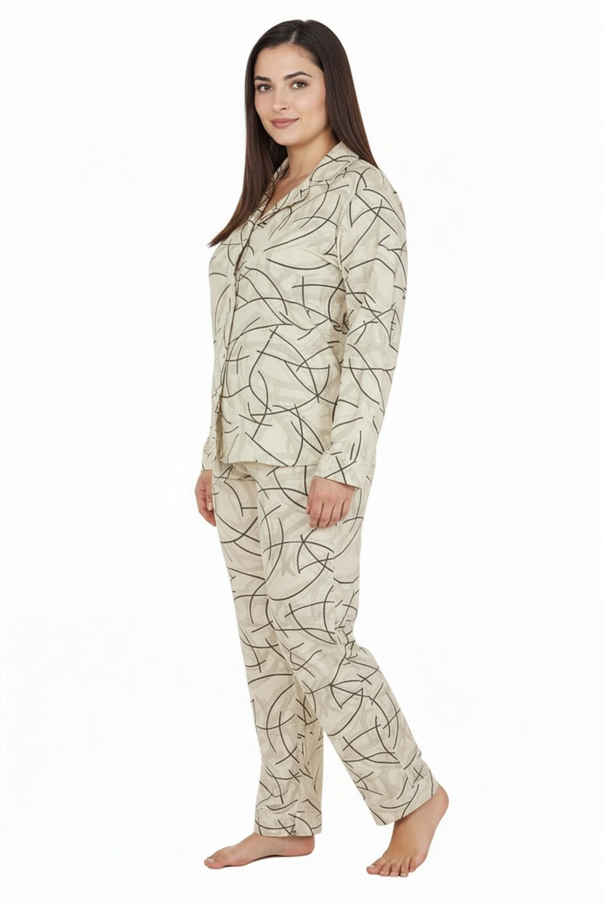 Luxury Soft Ekru Çizgi Desenli Uzun Kollu Kadın Pijama Takımı – Büyük Beden 3015