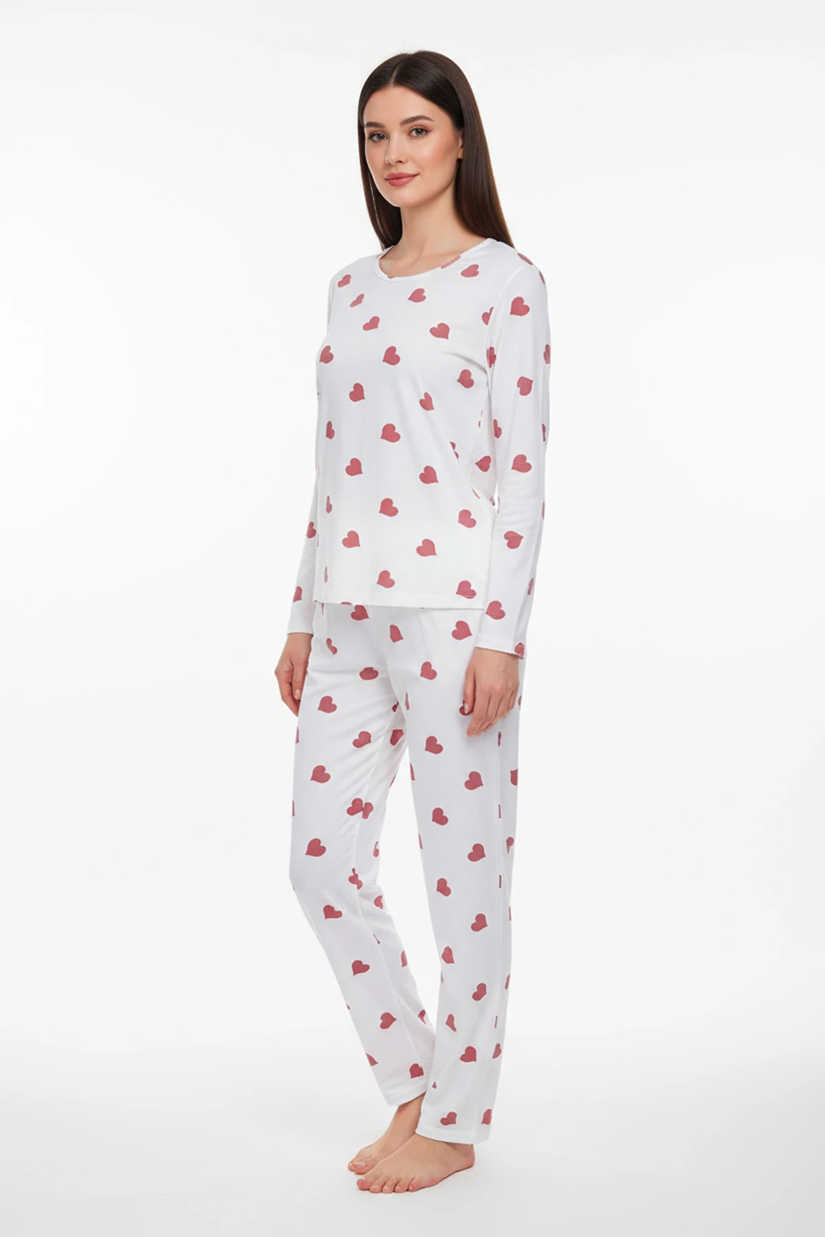 Bisiklet Yaka Süet Pijama Takımı 6004 Kırmızı Kalp