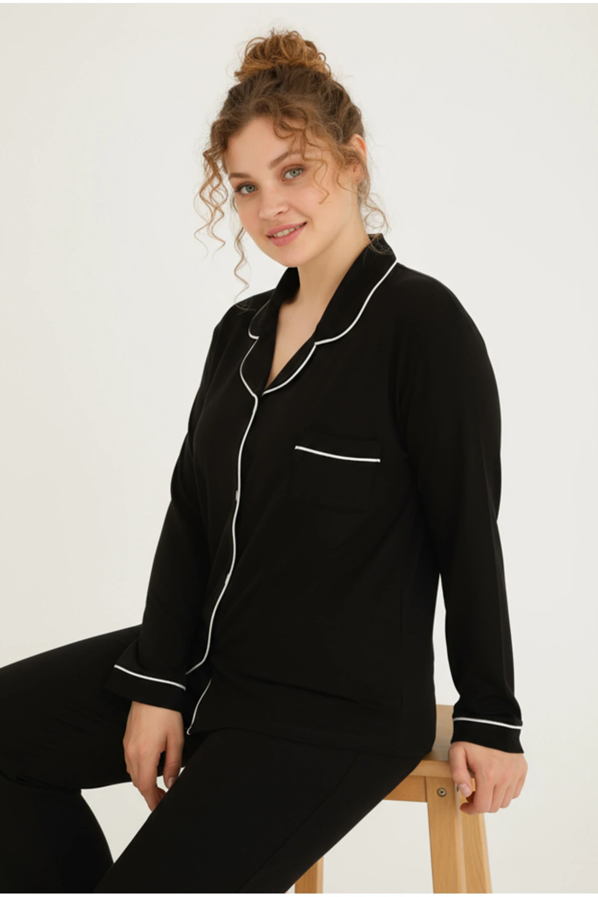 Luxury Viscose Siyah Beyaz Biyeli Kadın Uzun Kollu Büyük Beden Pijama Takımı – 42501