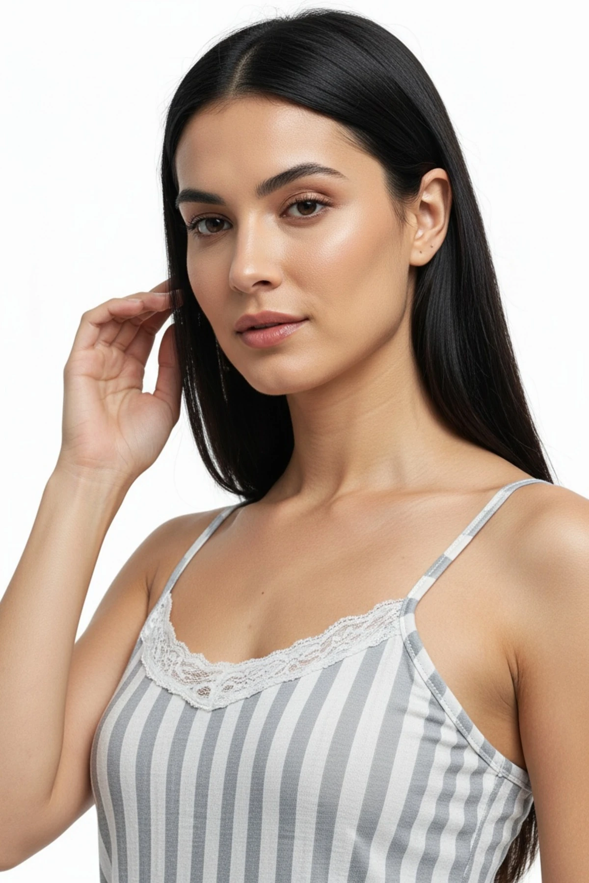 Kadın Rahat Ev & Uyku Pijama Takımı Gri Çizgili Desen