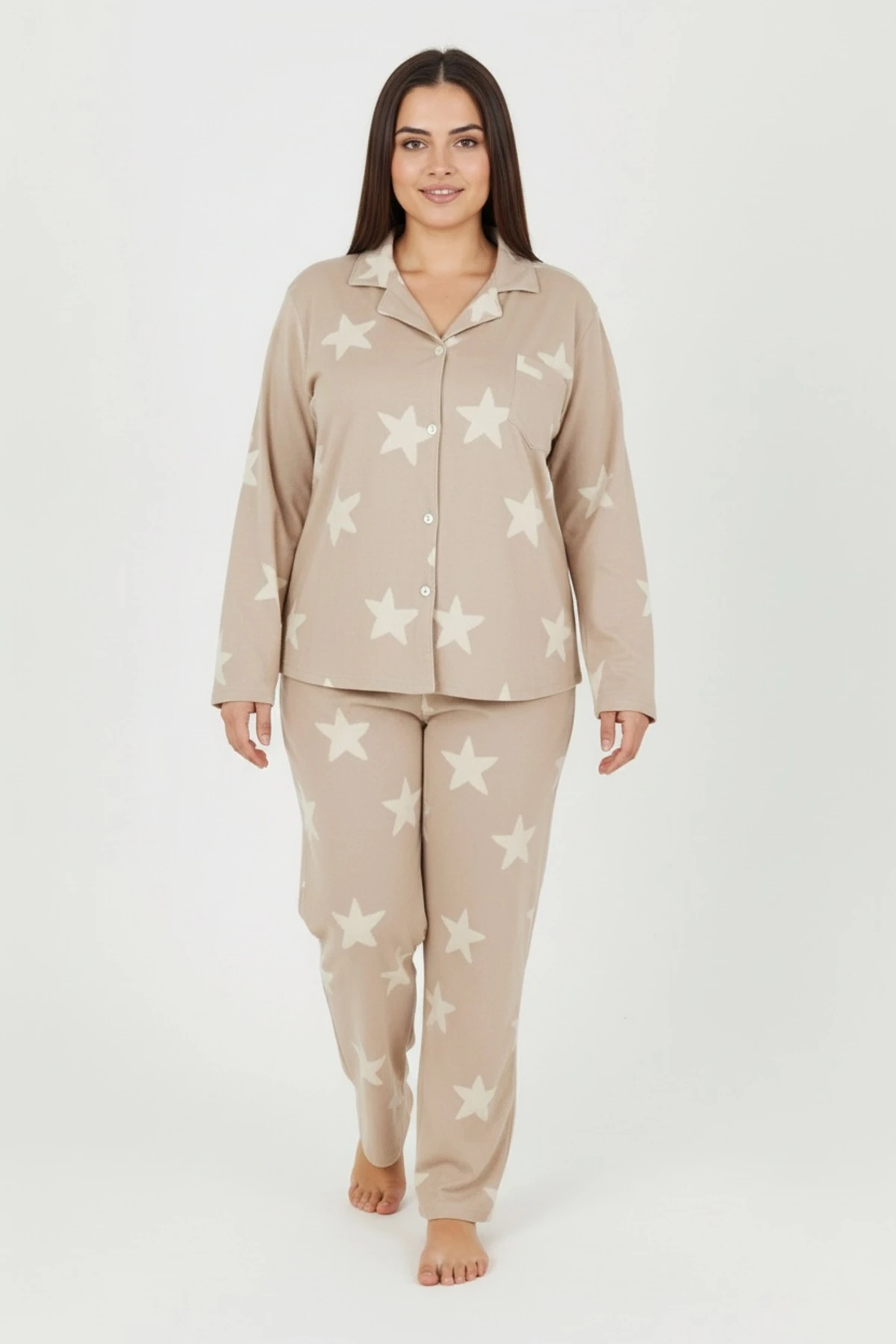 Luxury Soft Bej Yıldız Desenli Uzun Kollu Kadın Pijama Takımı – Büyük Beden 3011