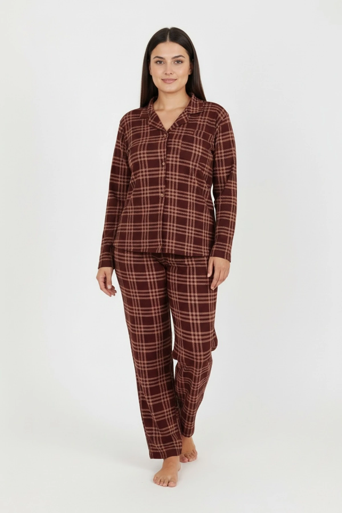 Luxury Soft Kahverengi Ekose Desenli Uzun Kollu Kadın Pijama Takımı – Büyük Beden 3009
