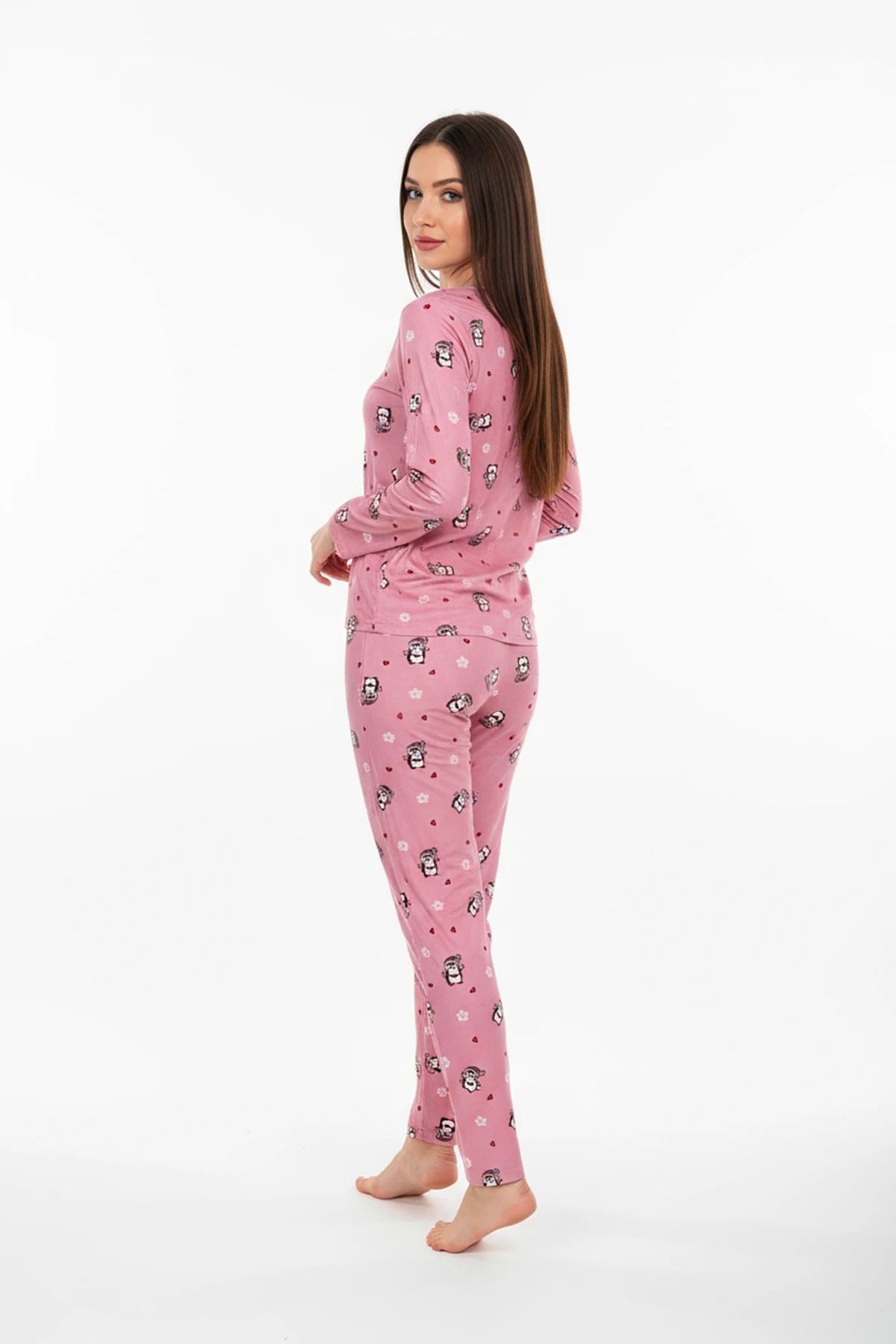 Bisiklet Yaka Süet Pijama Takımı 6008 Penguen Pembe