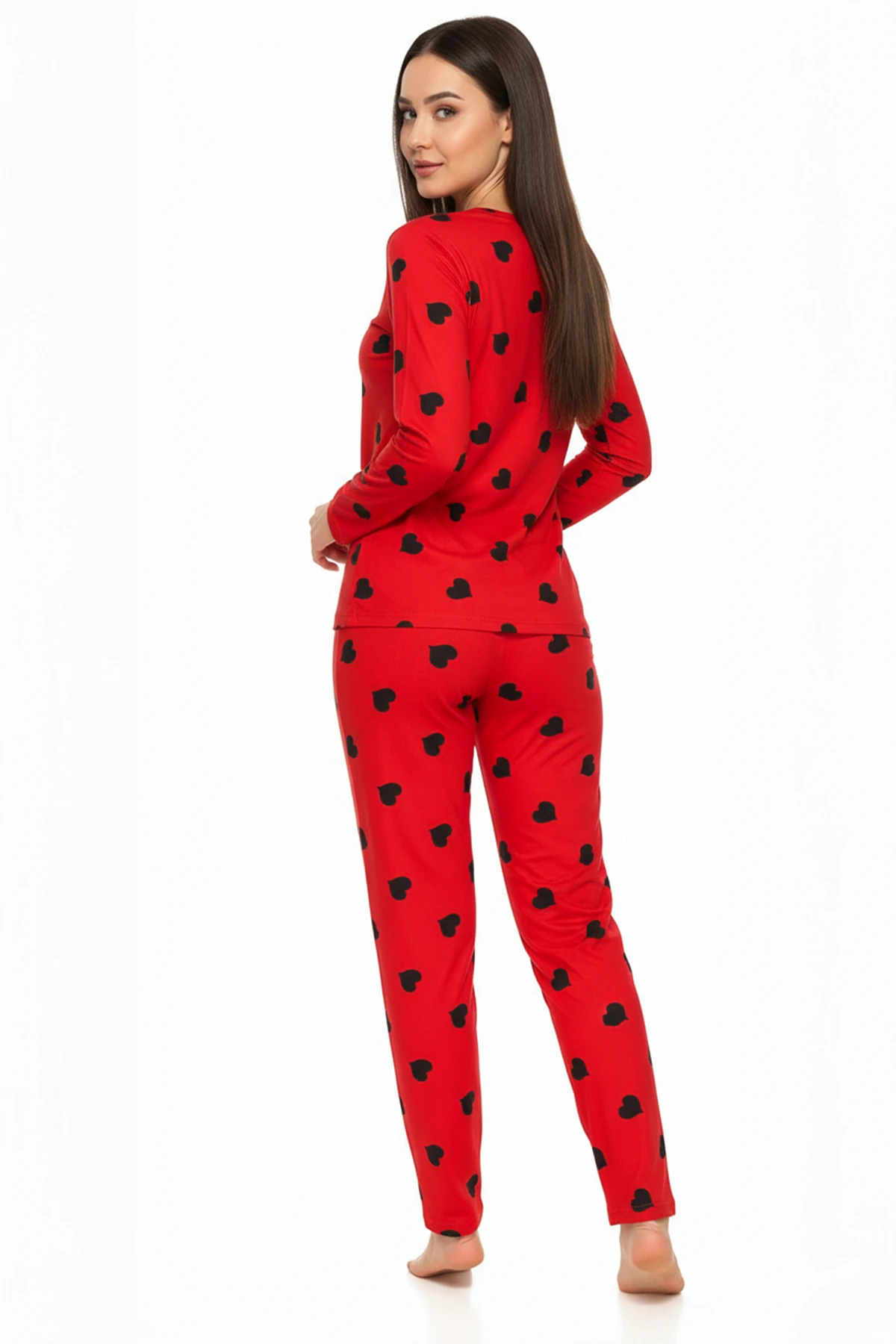 Bisiklet Yaka Süet Kırmızı Pijama Takımı 6010 Siyah Kalpli