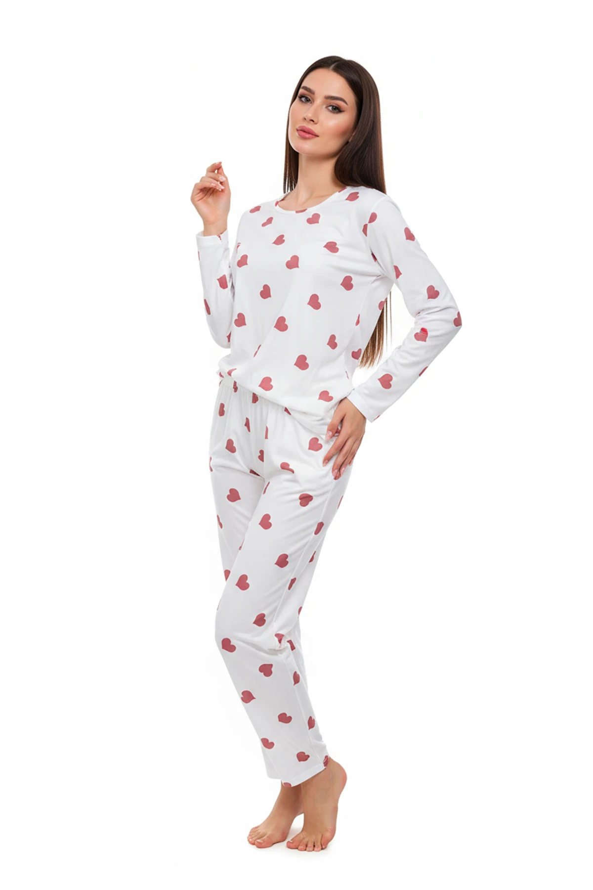 Bisiklet Yaka Süet Pijama Takımı 6004 Kırmızı Kalp