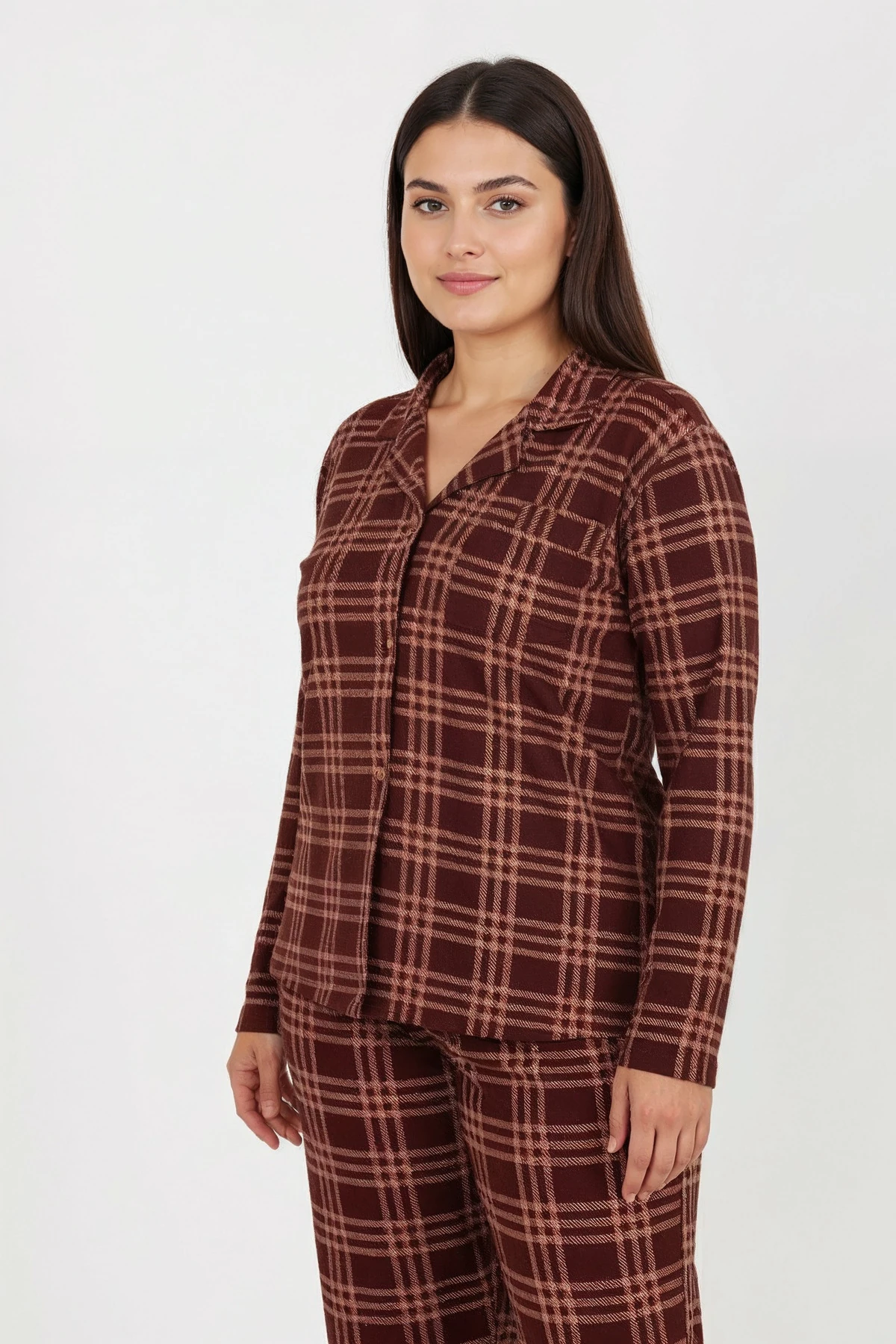 Luxury Soft Kahverengi Ekose Desenli Uzun Kollu Kadın Pijama Takımı – Büyük Beden 3009