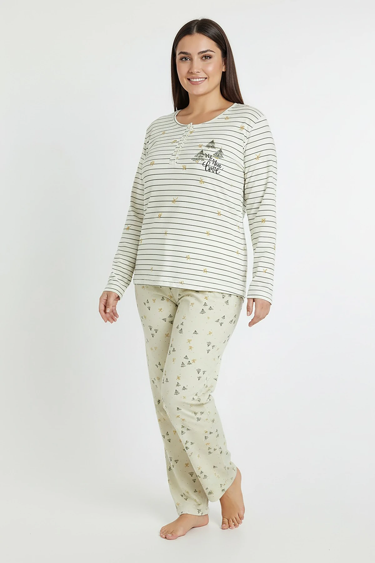 Üstü Yatay Çizgili Altı Desenli Elite Viscose Uzun Büyük Beden Pijama Takımı Beyaz 3590