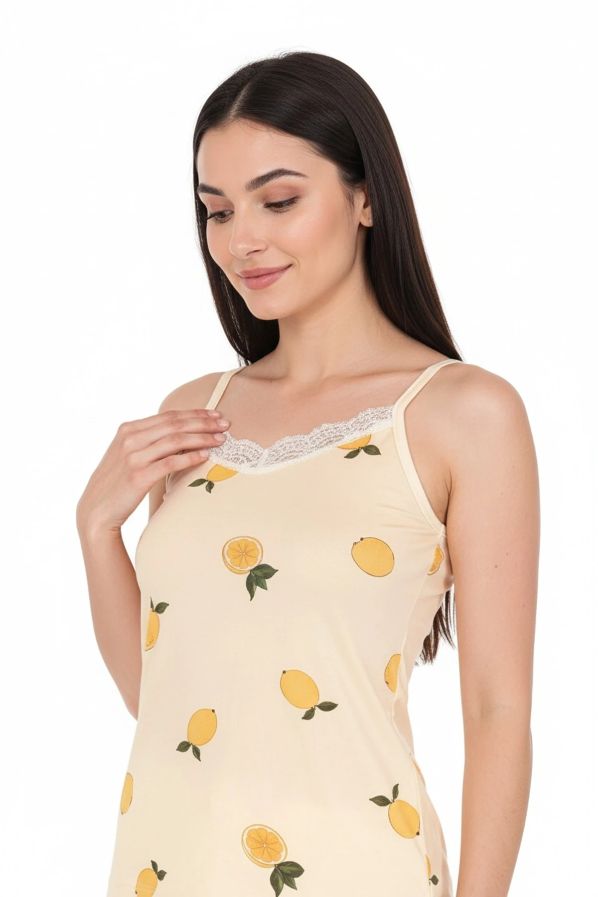 Kadın Limon Desenli Yumuşak Dokulu Penye İp Askılı Şortlu Pijama Takımı