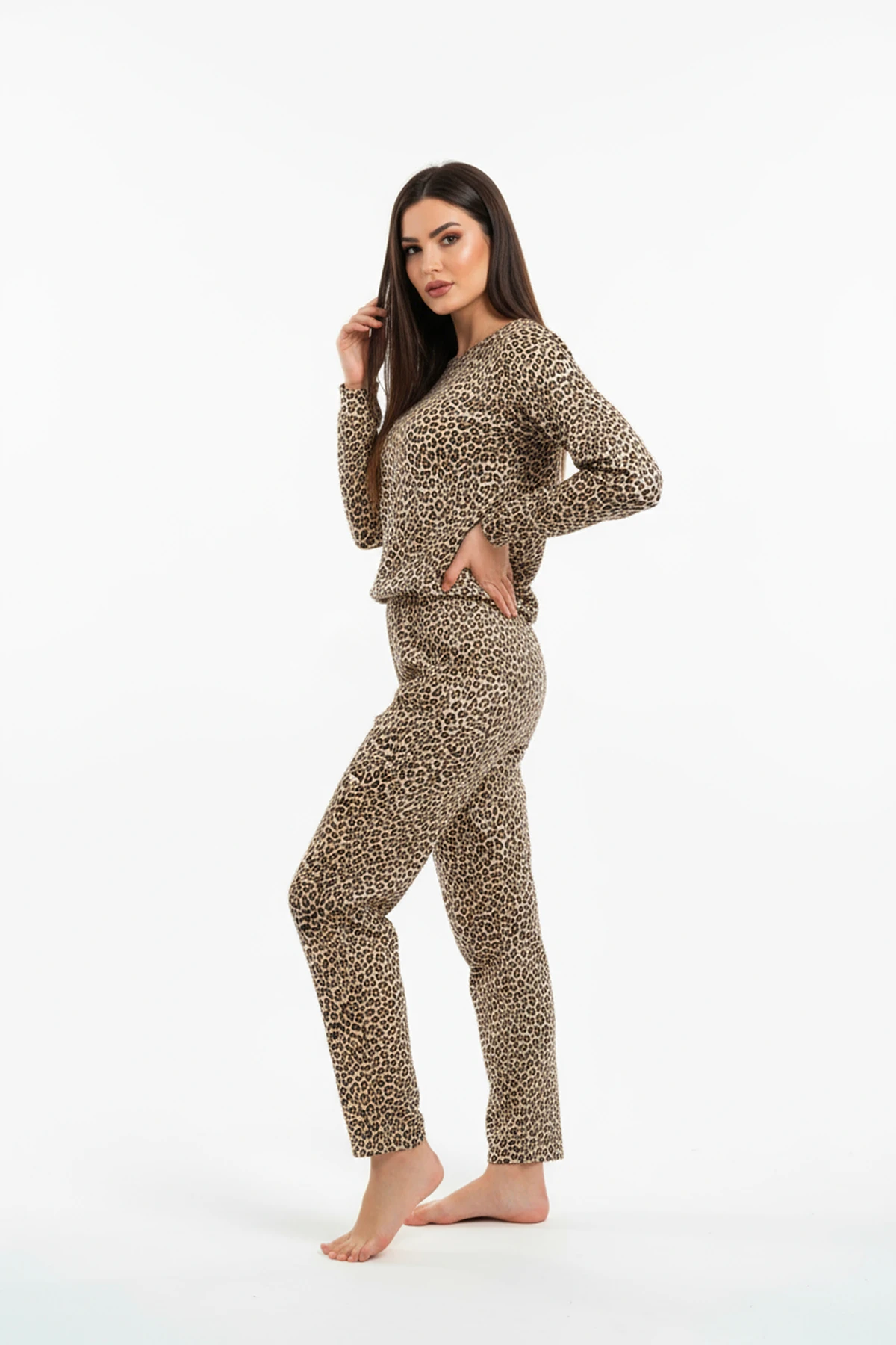 Bisiklet Yaka Süet Pijama Takımı 6006 Leopar