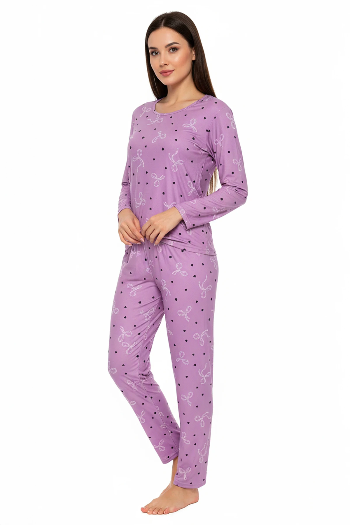 Bisiklet Yaka Süet Pijama Takımı 6007 Lila