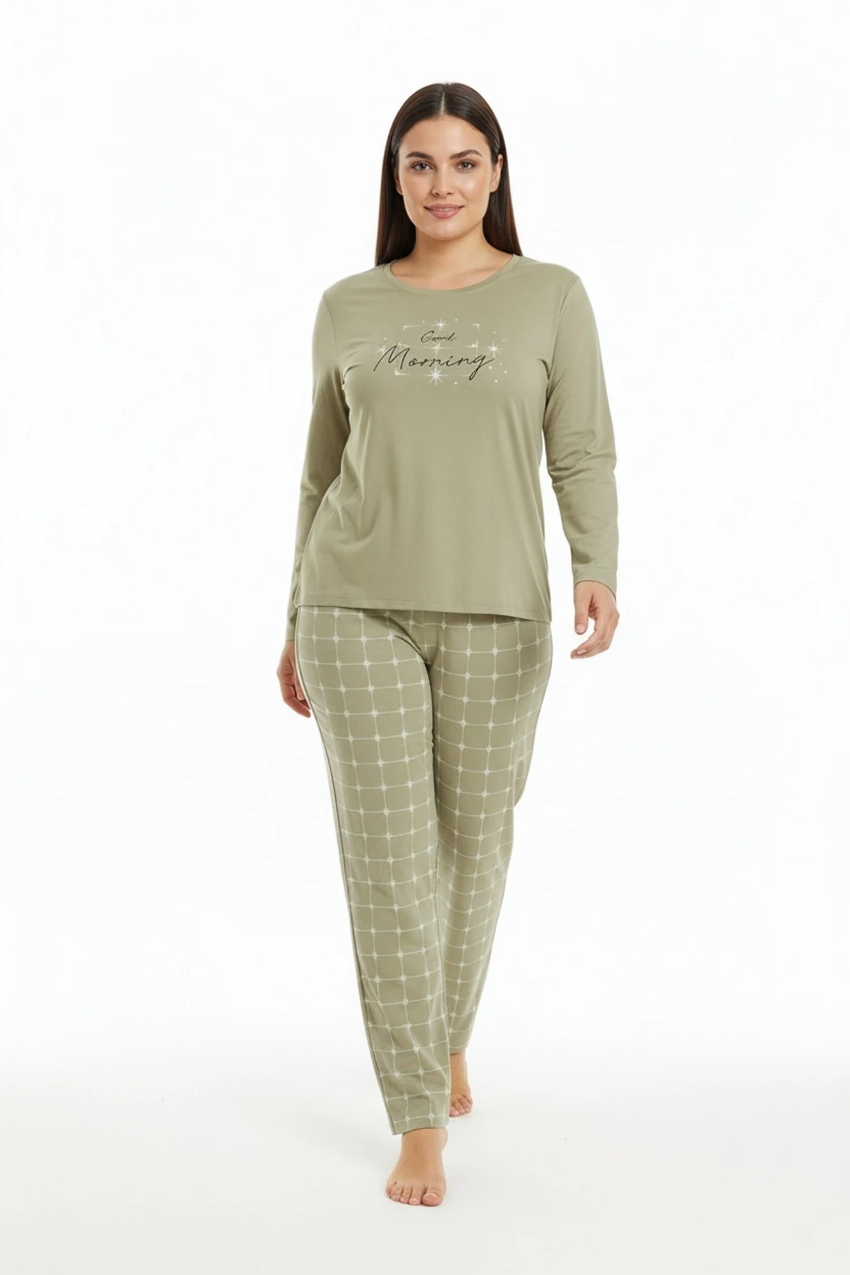 Üstü Yazılı Altı Kare Desenli Elite Viscose Uzun Büyük Beden Pijama Takımı Beyaz 3594