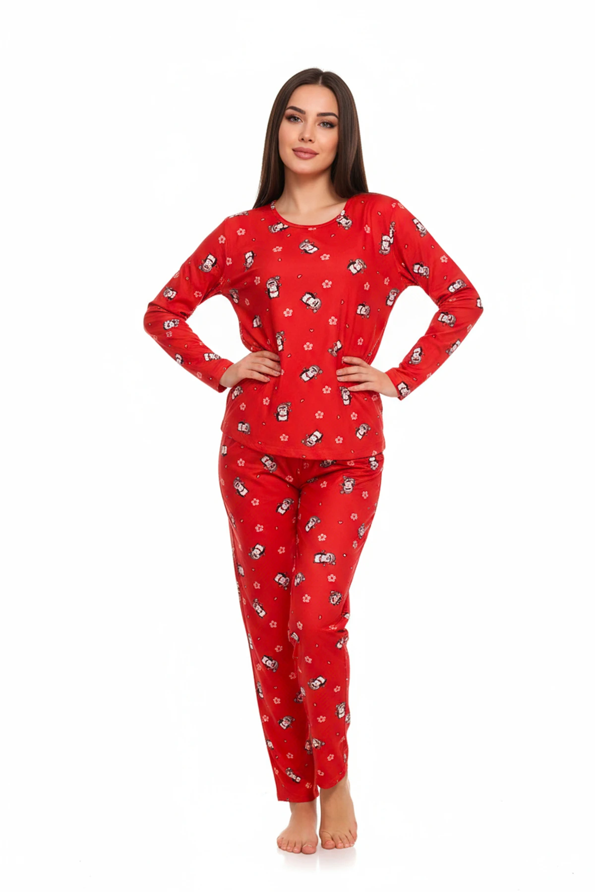 Bisiklet Yaka Süet Pijama Takımı 6005 Penguen Kırmızı