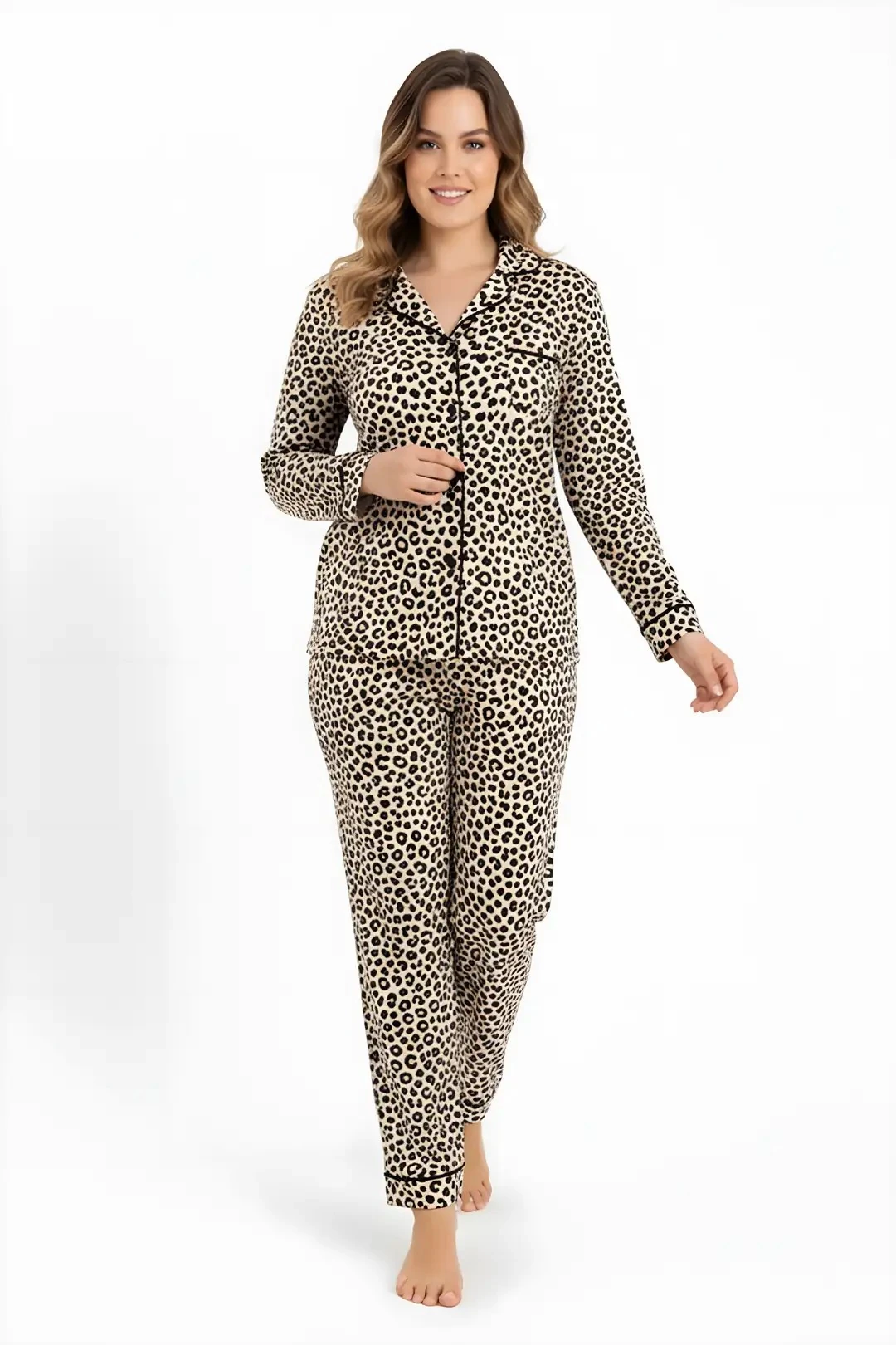 Luxury Viscose Leopar Desenli Kadın Uzun Kollu Büyük Beden Pijama Takımı – 42526