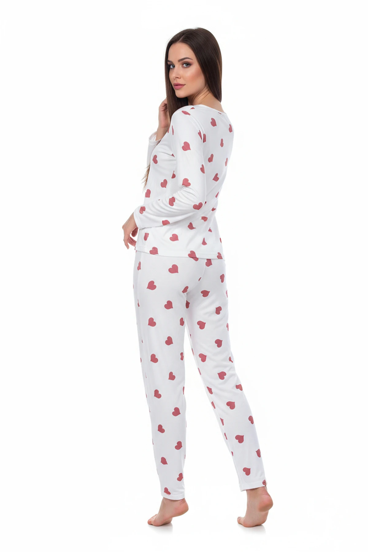 Bisiklet Yaka Süet Pijama Takımı 6004 Kırmızı Kalp