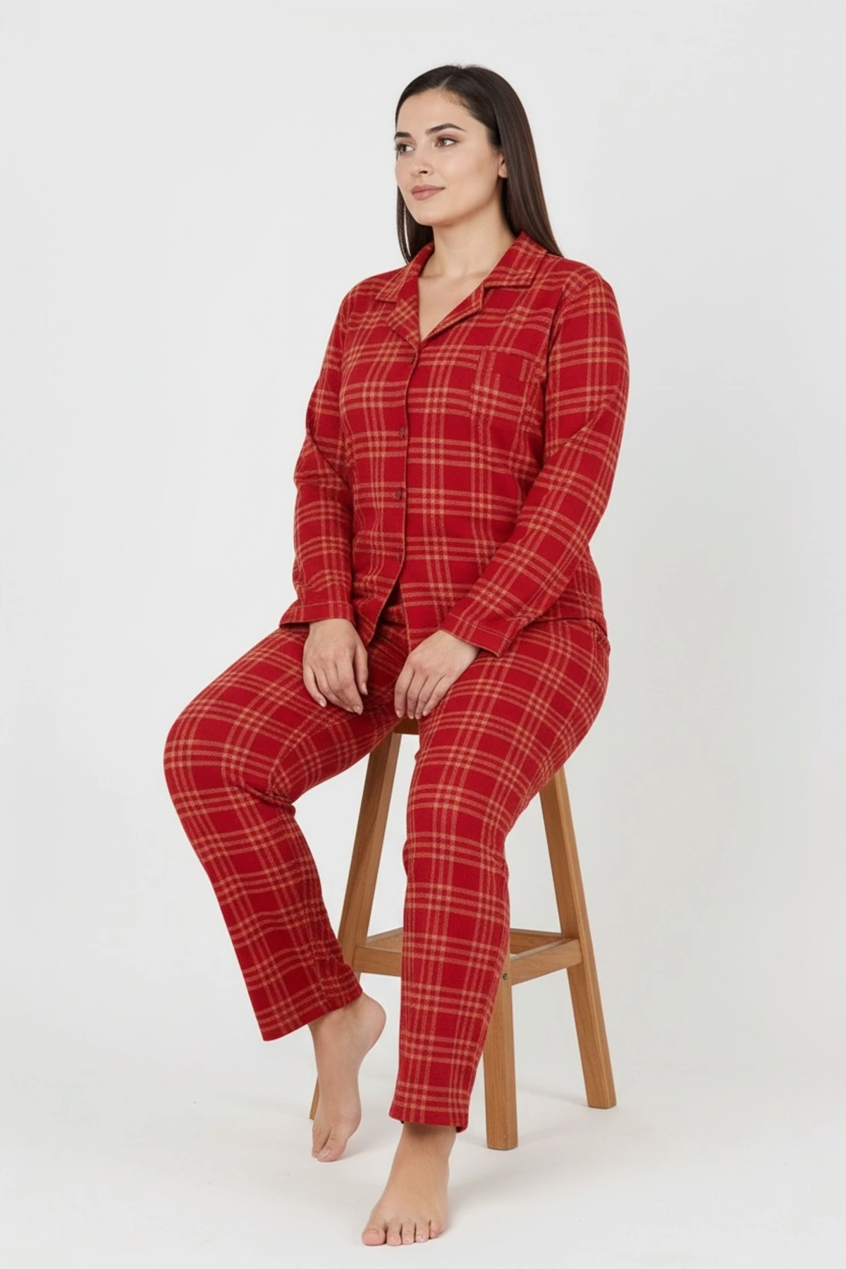 Luxury Soft Kırmızı Ekose Desenli Uzun Kollu Kadın Pijama Takımı – Büyük Beden 3018