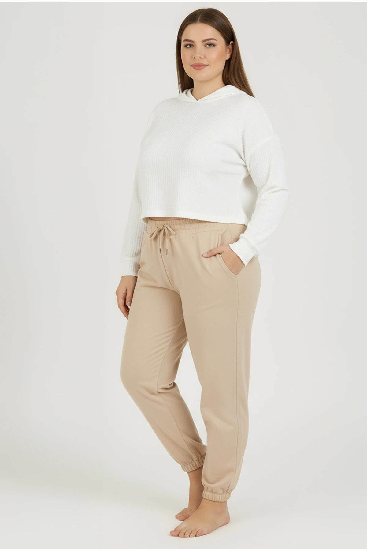 Jogger Paça Büyük Beden Eşofman Altı Bej 2017