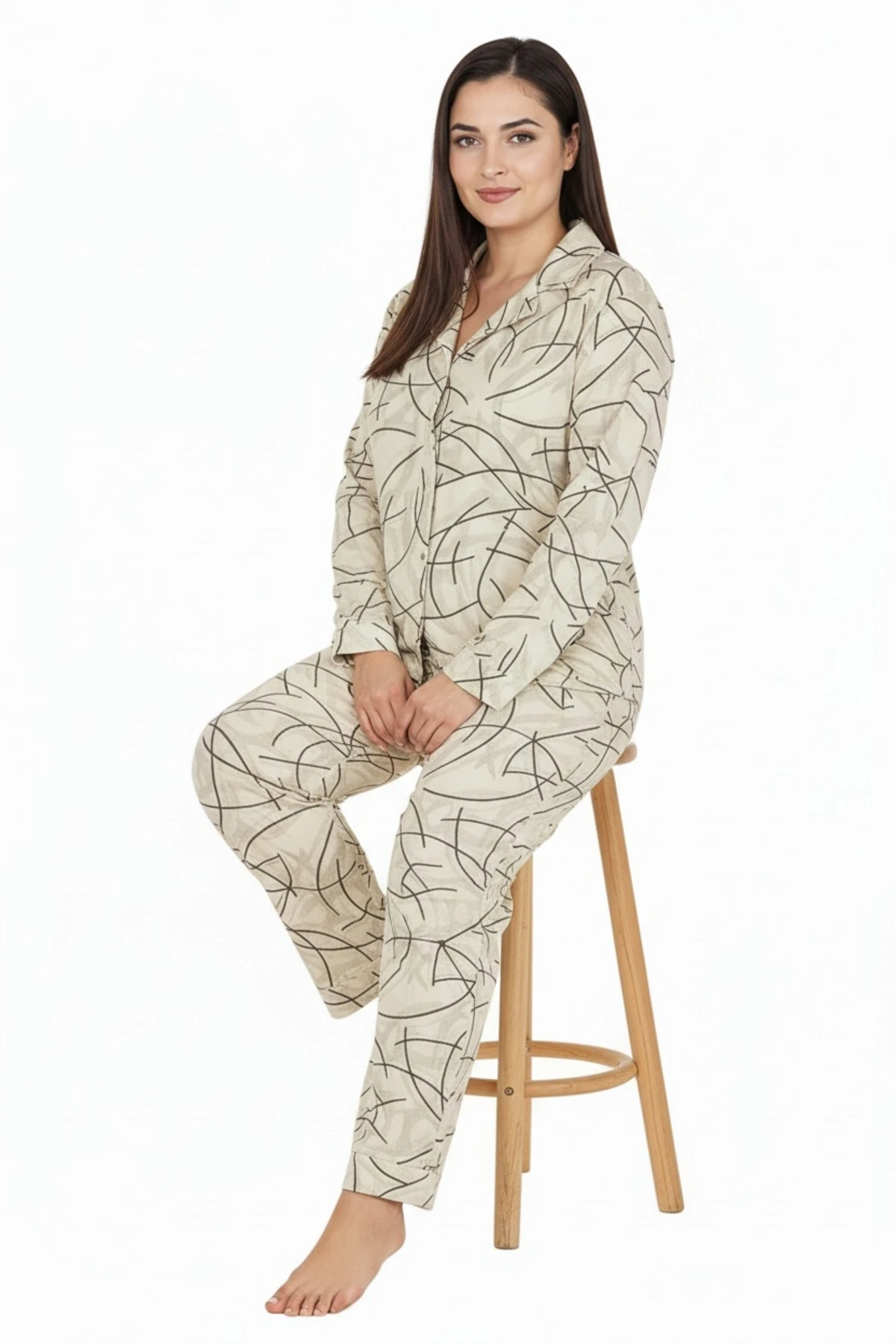 Luxury Soft Ekru Çizgi Desenli Uzun Kollu Kadın Pijama Takımı – Büyük Beden 3015