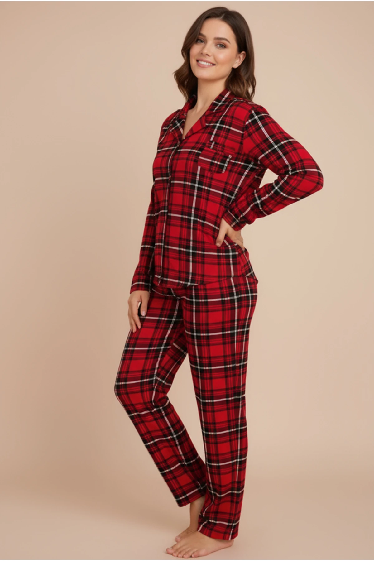 Luxury Viscose Kırmızı Ekose Desenli Kadın Uzun Kollu Büyük Beden Pijama Takımı – 42513