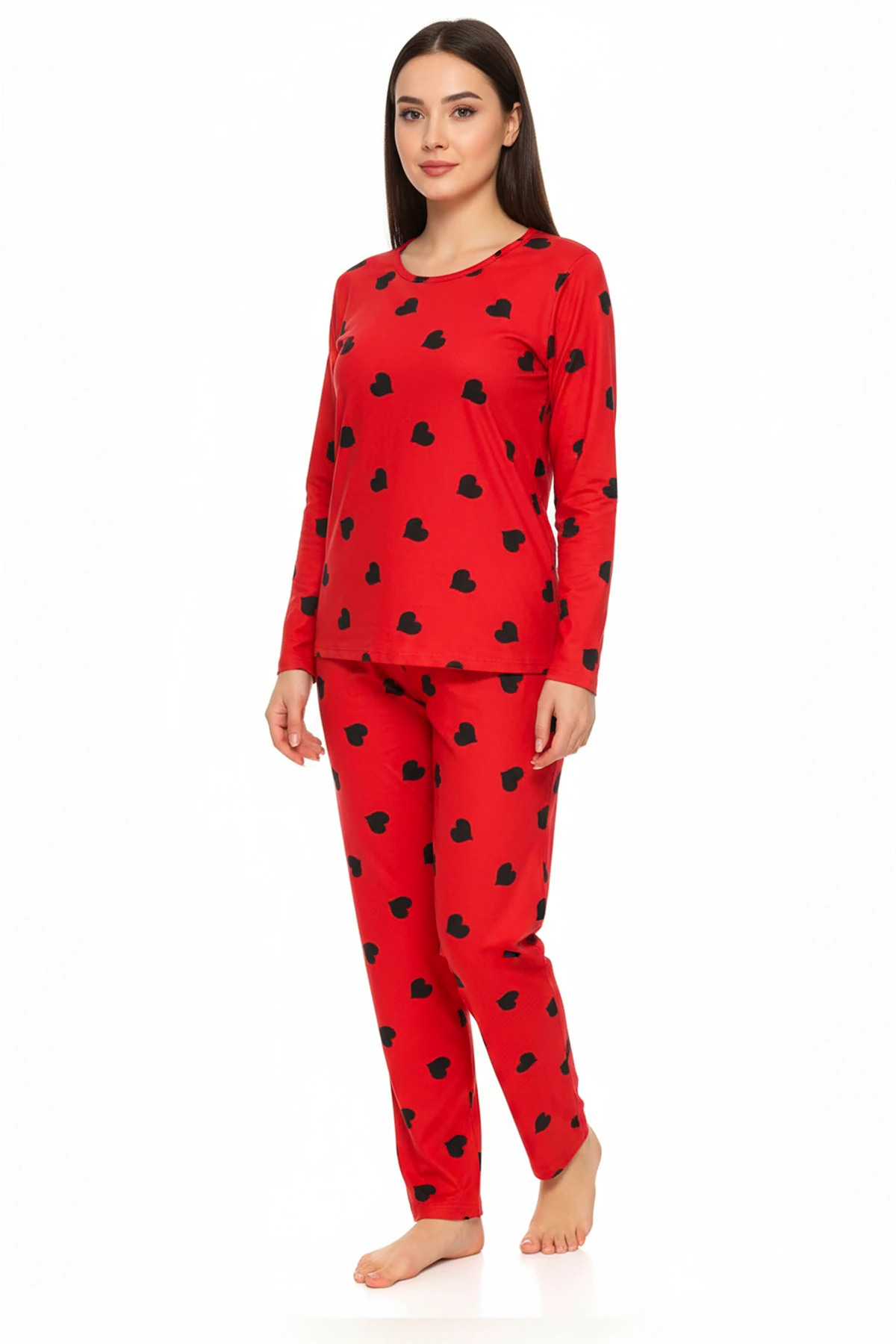 Bisiklet Yaka Süet Kırmızı Pijama Takımı 6010 Siyah Kalpli