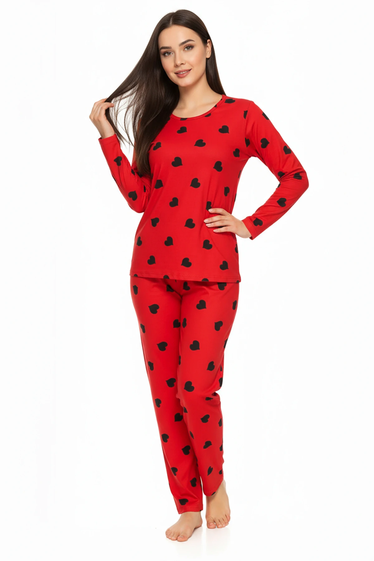 Bisiklet Yaka Süet Kırmızı Pijama Takımı 6010 Siyah Kalpli